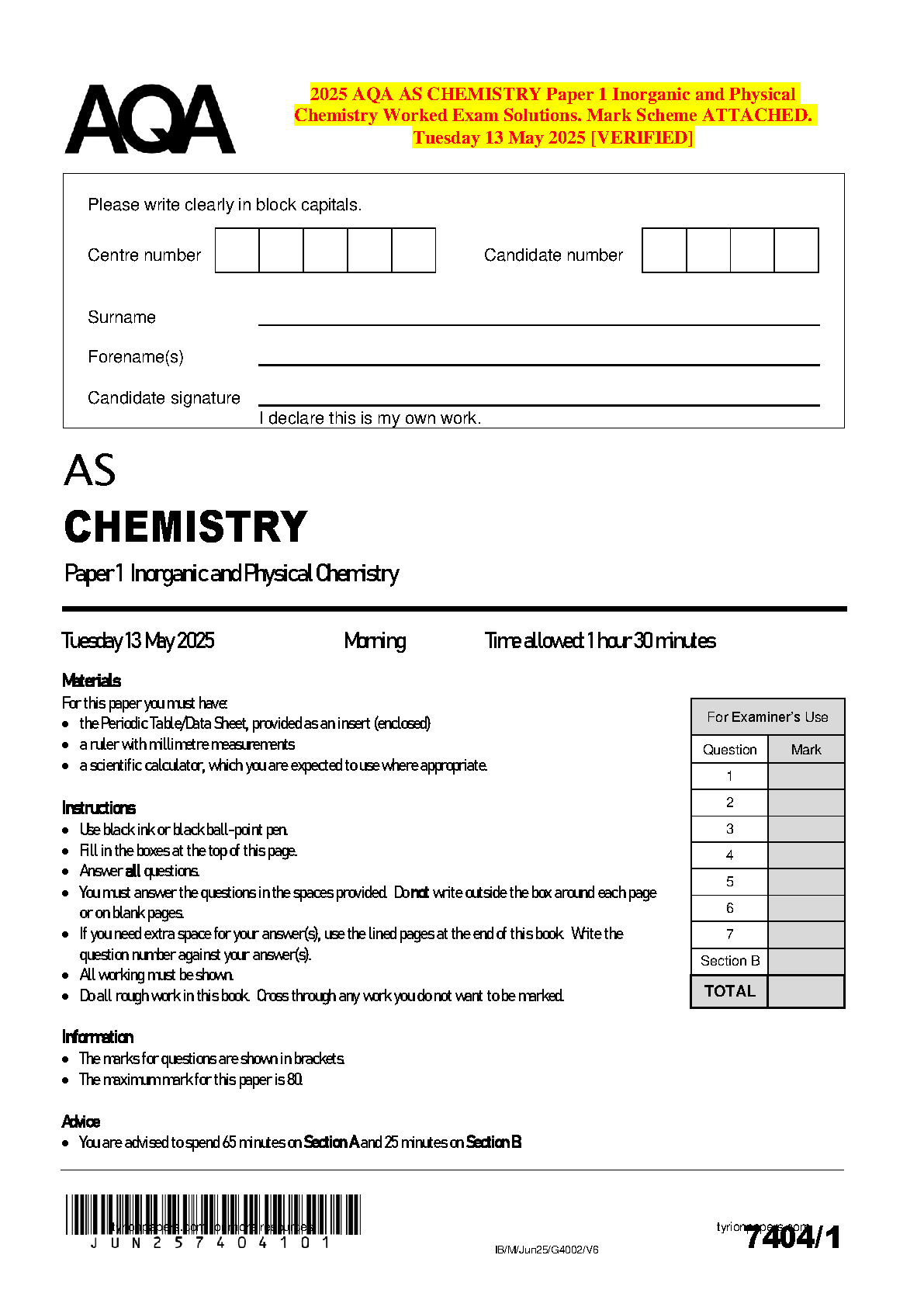 AQA AS Chemistry Paper 1 (7404/1) May 2025 Exam Paper with Verified Mark Scheme & Worked Solutions | Complete Guide for 2025/2026