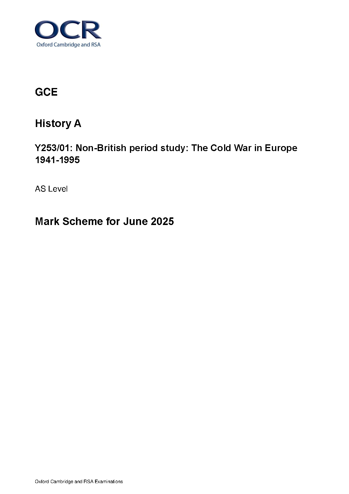OCR AS Level History A Cold War Europe 2025 Mark Scheme