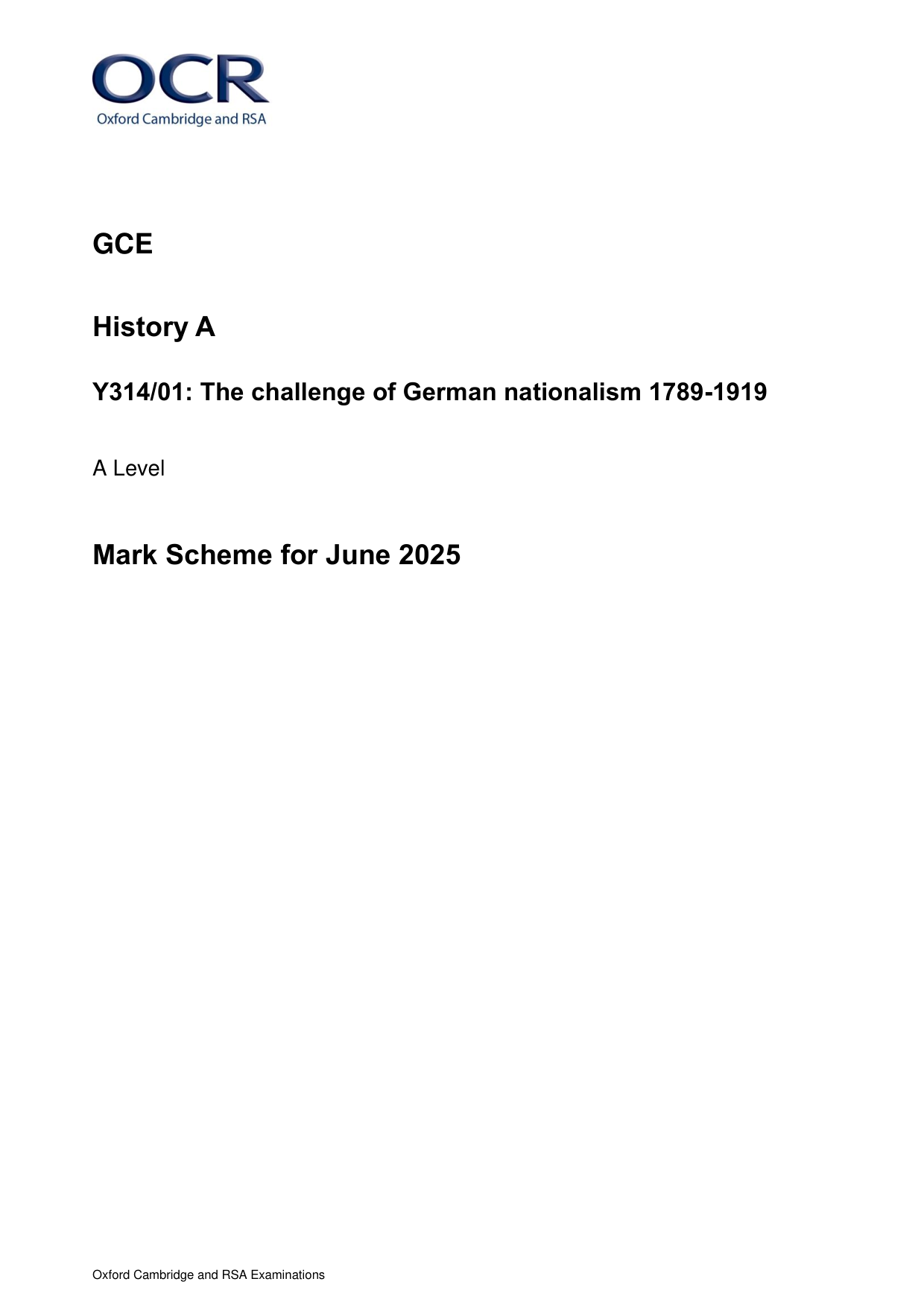 OCR A Level History A German Nationalism 2025 Mark Scheme