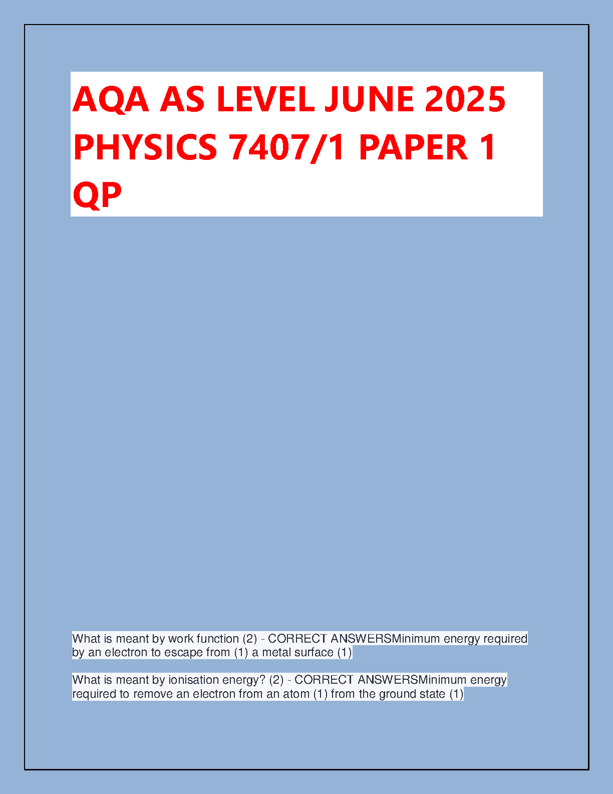 AQA Physics AS Level June 2025 Paper 7408 Mark Scheme Work Function Ionisation Energy Answers Guide for Academic Year 2026/2027