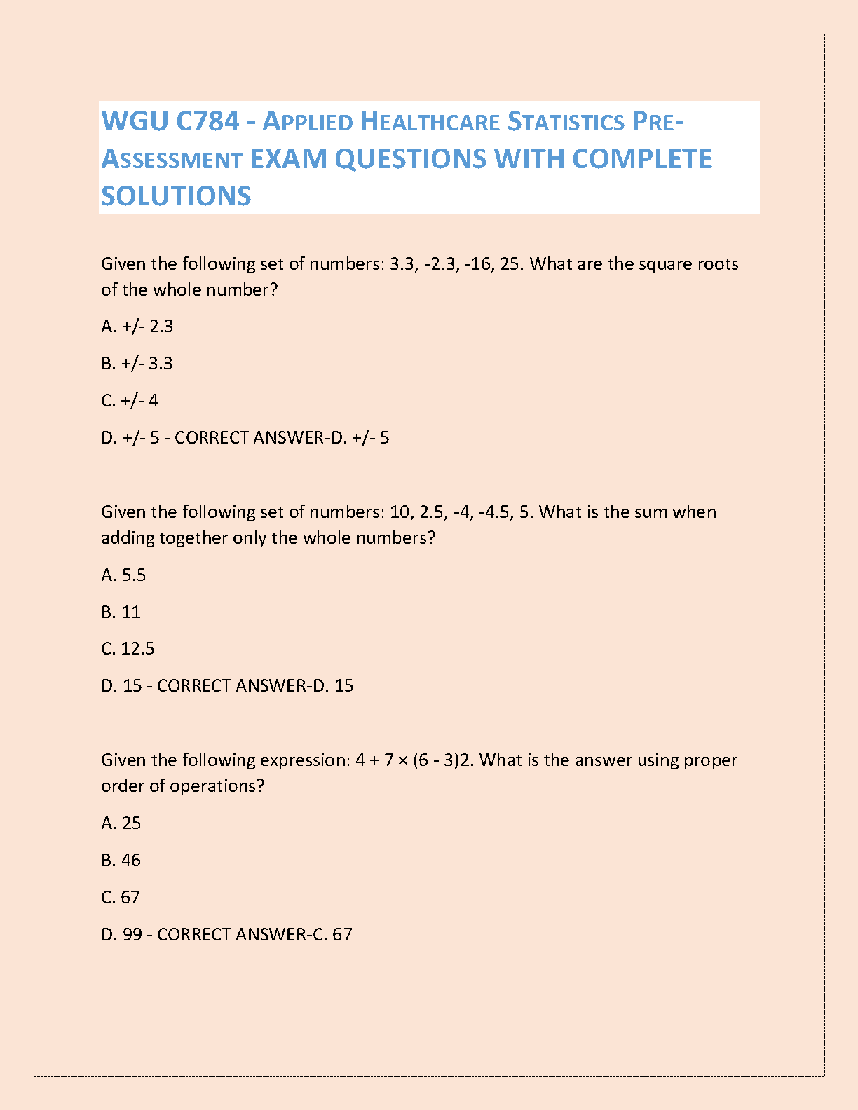 WGU C784 Applied Healthcare Statistics Pre-Assessment Exam Questions and Solutions for 2024-2025