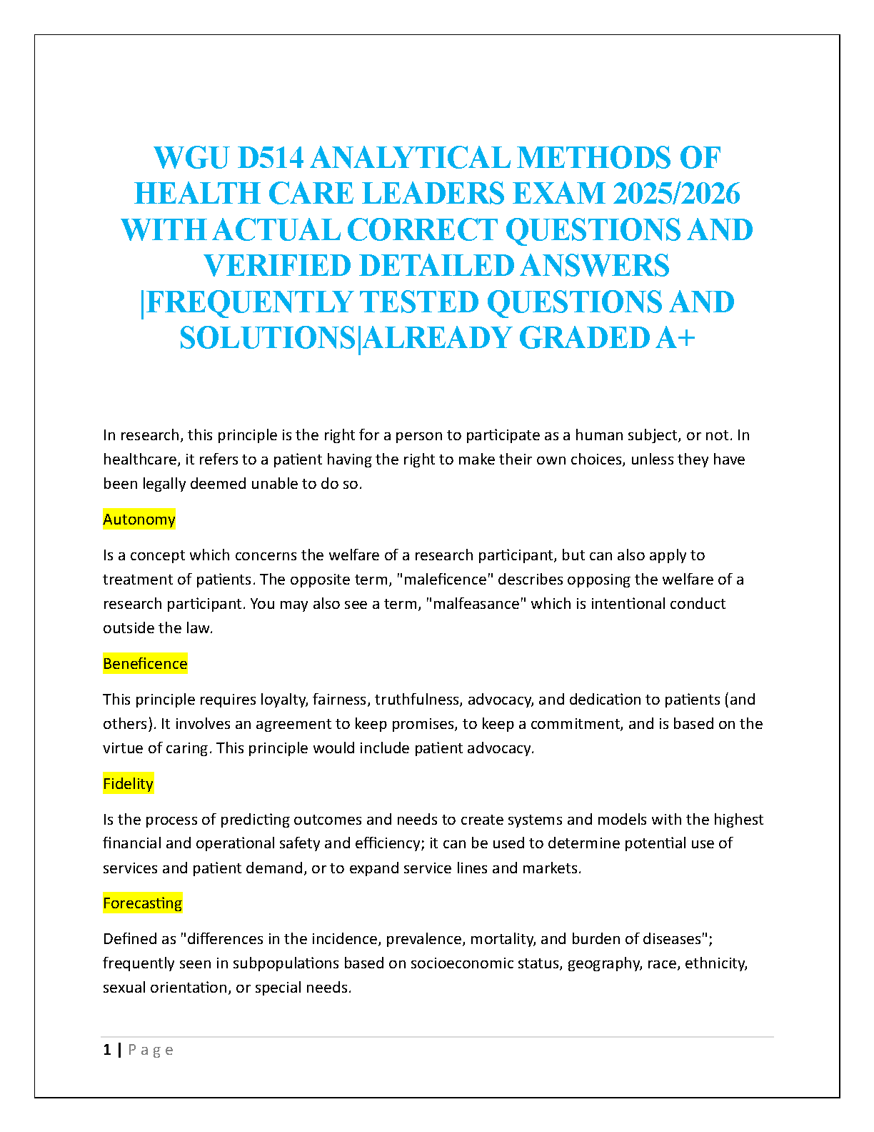 WGU D514 Analytical Methods for Health Care Leaders Exam Test Bank 2025/2026 with Verified A+ Answers and Real Questions Guide