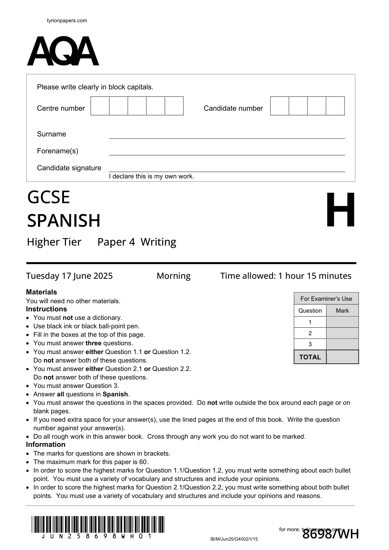 AQA GCSE Spanish Higher Writing Paper 4h 2025 Q P