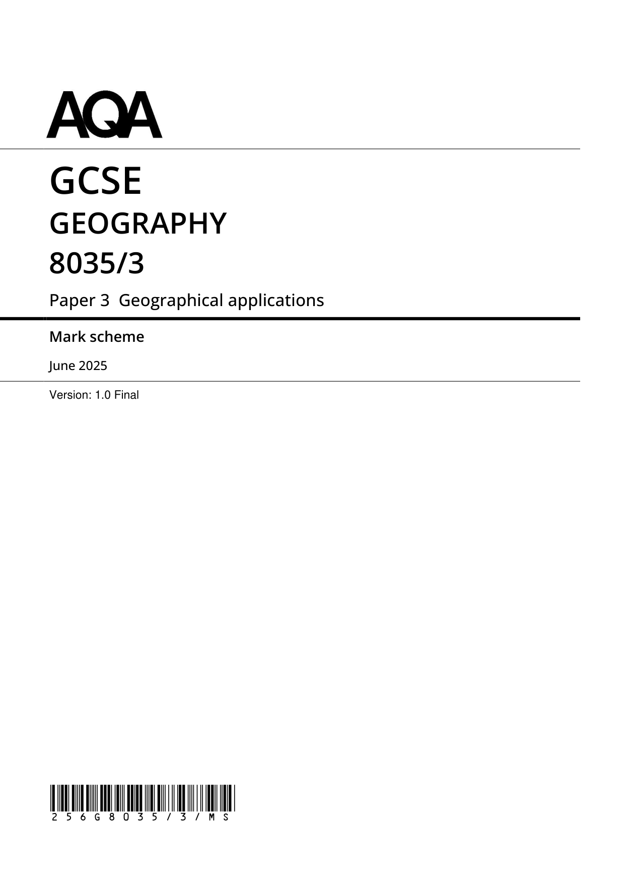 AQA GCSE Geography Paper 3 2025 Mark Scheme PDF