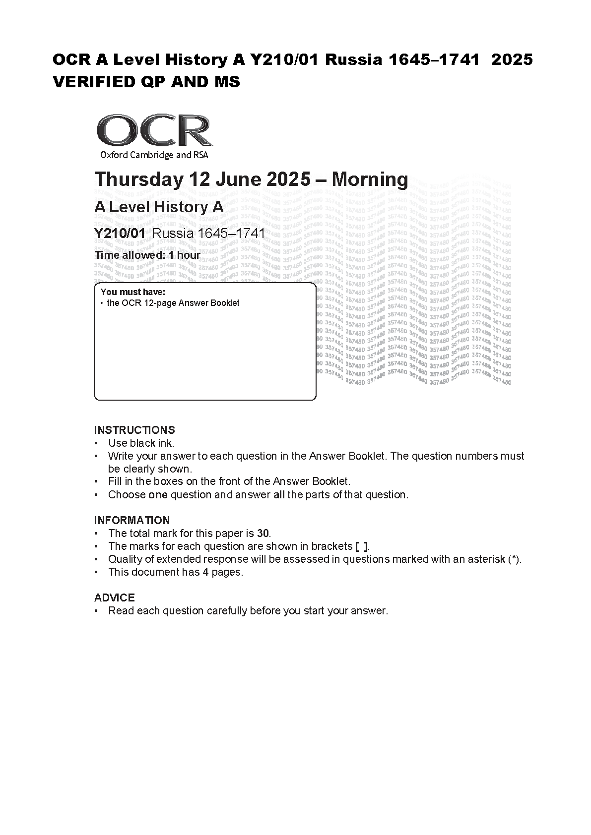 OCR A Level History Russia 1645 to 1741 June 2025 Exam Paper Y210/01 with Verified Mark Scheme for Students
