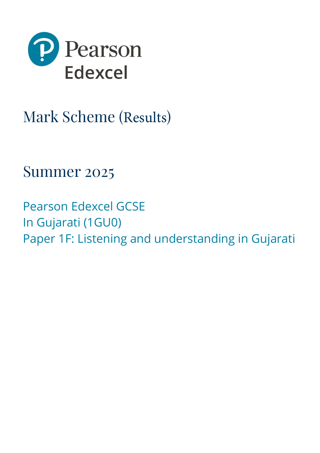 Pearson Edexcel GCSE Gujarati Paper 1F 2025 Mark Scheme PDF