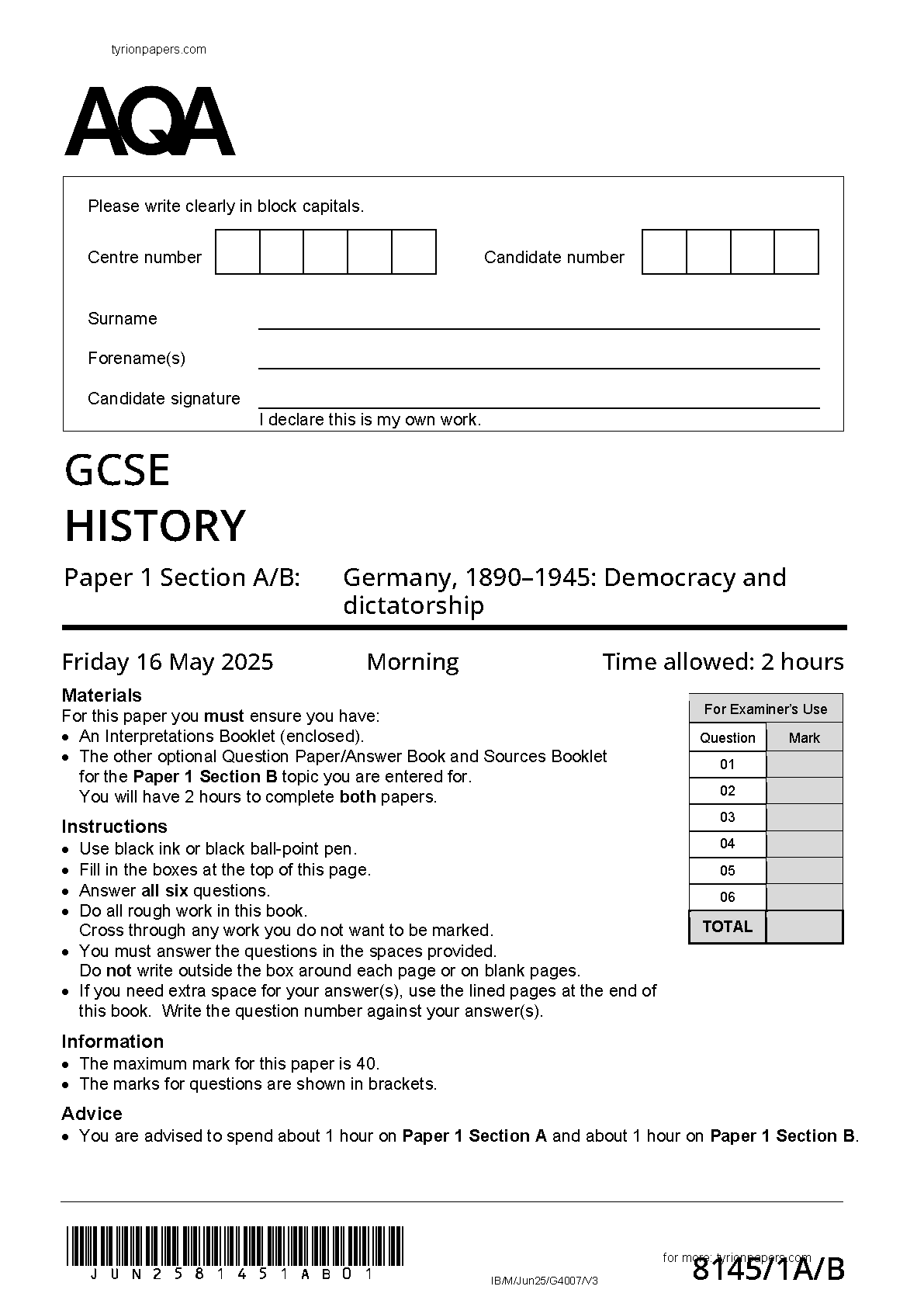 AQA GCSE History Paper 1A Section A/B 2025 Question Paper