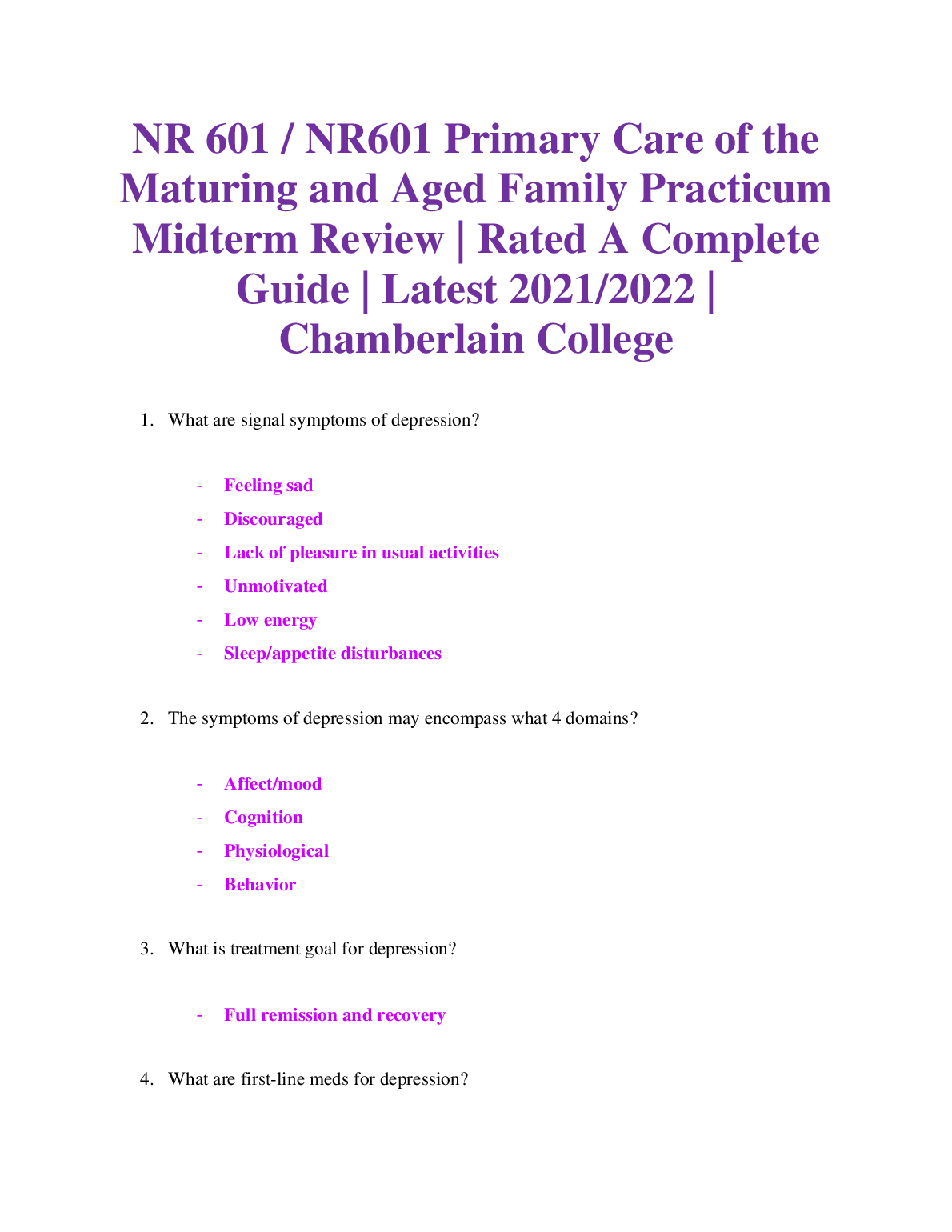 NR601 Primary Care of the Maturing and Aged Family Practicum Midterm Review 2023/2024 Questions Answers Study Guide