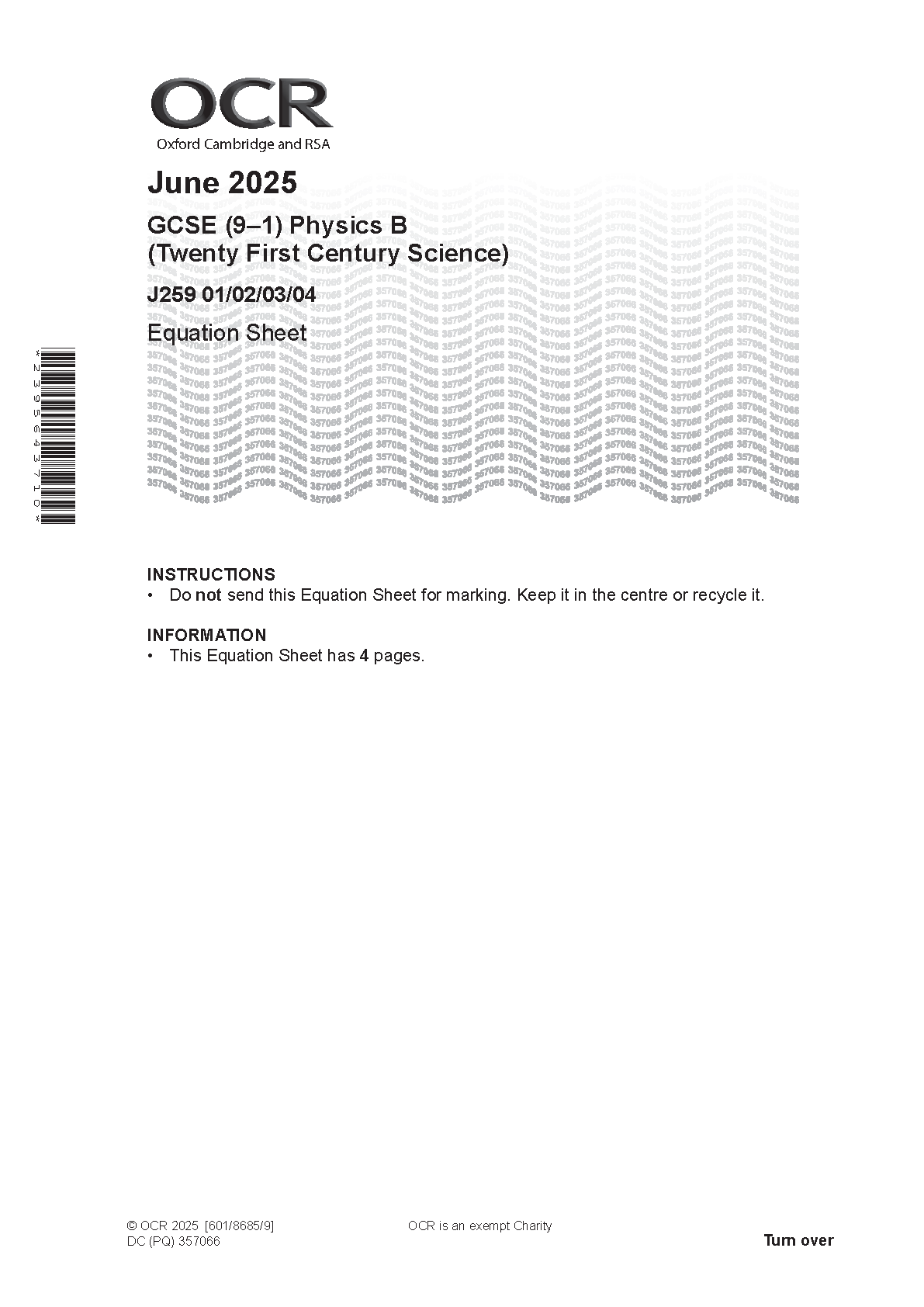 2025 OCR GCSE Physics B (Twenty First Century Science) Equation Sheet ( J259 01/02/03/04 )