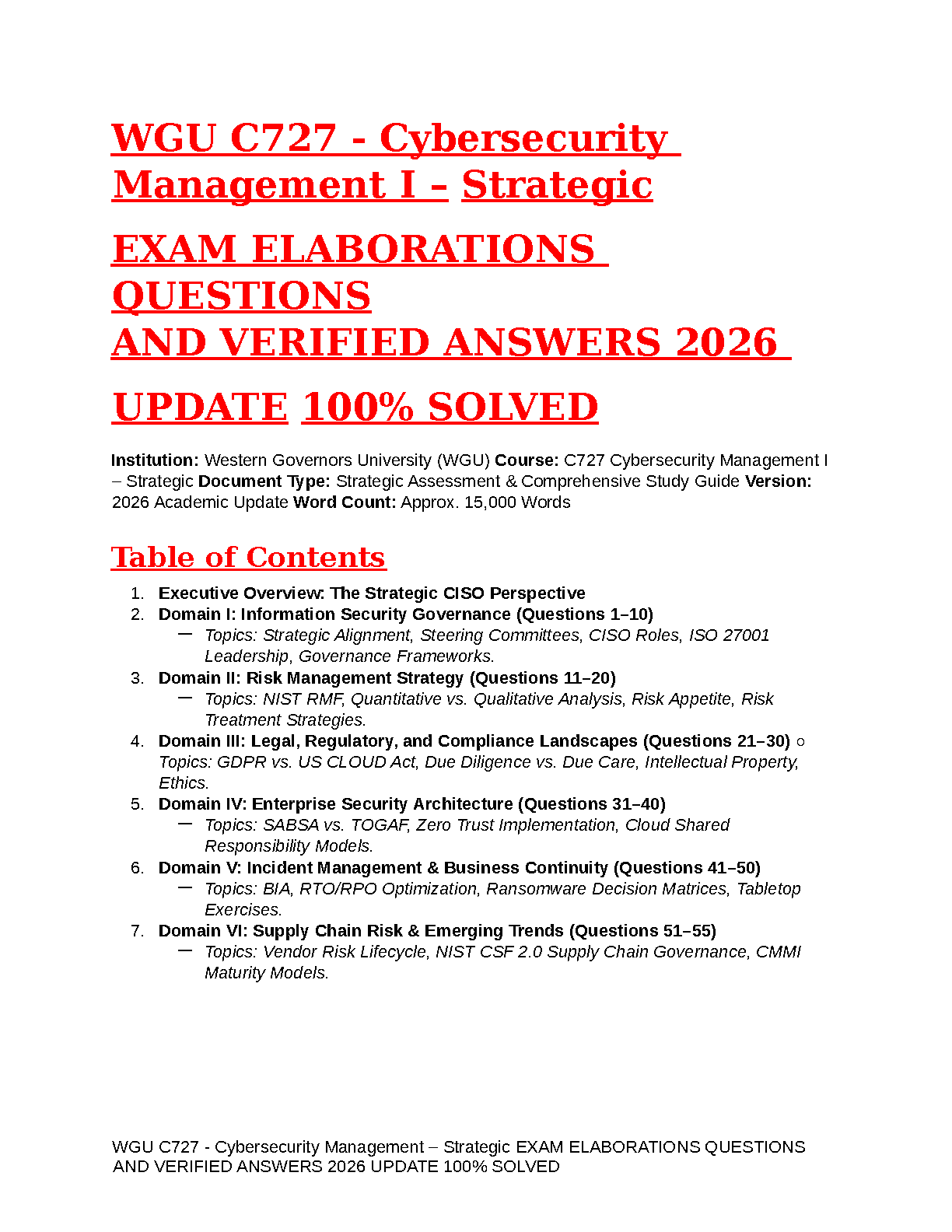 WGU C727 Cybersecurity Management I Strategic Exam Study Guide and Elaborations