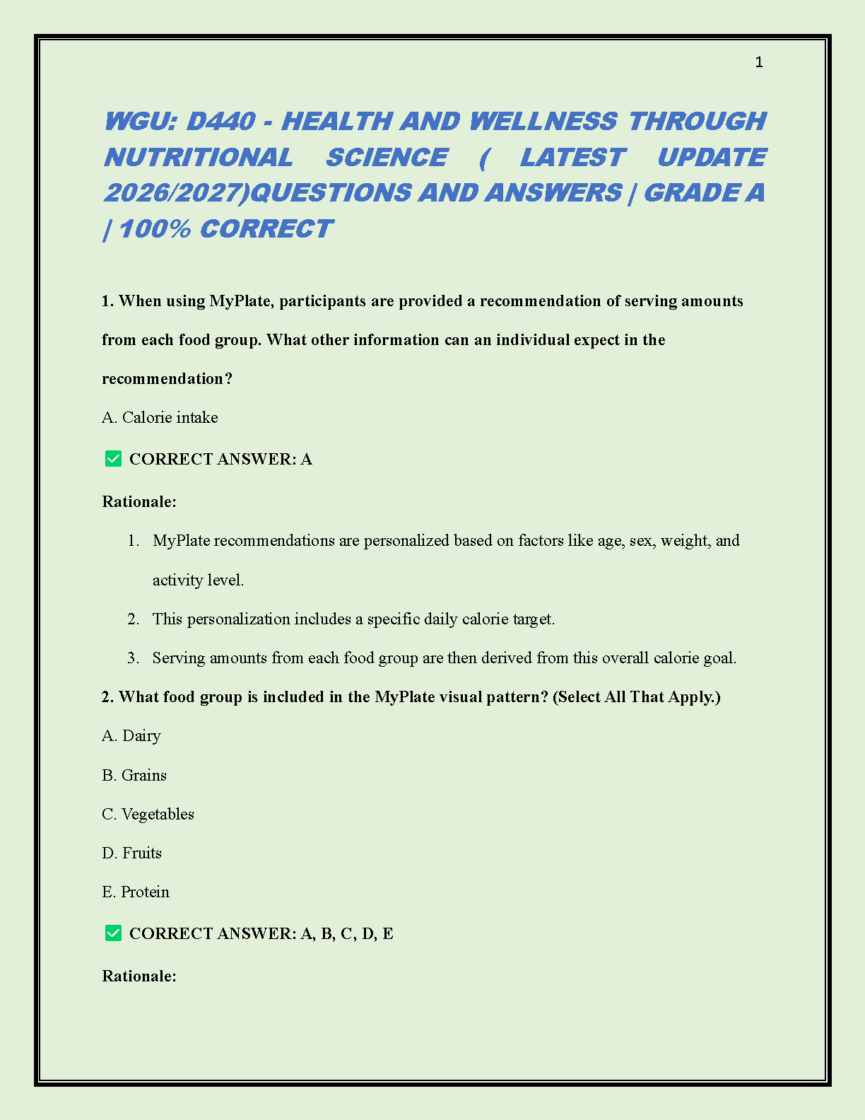 WGU D440 Health and Wellness Through Nutritional Science Test Bank Smolin & Grosvenor 4th Edition 2026/27 Q&A
