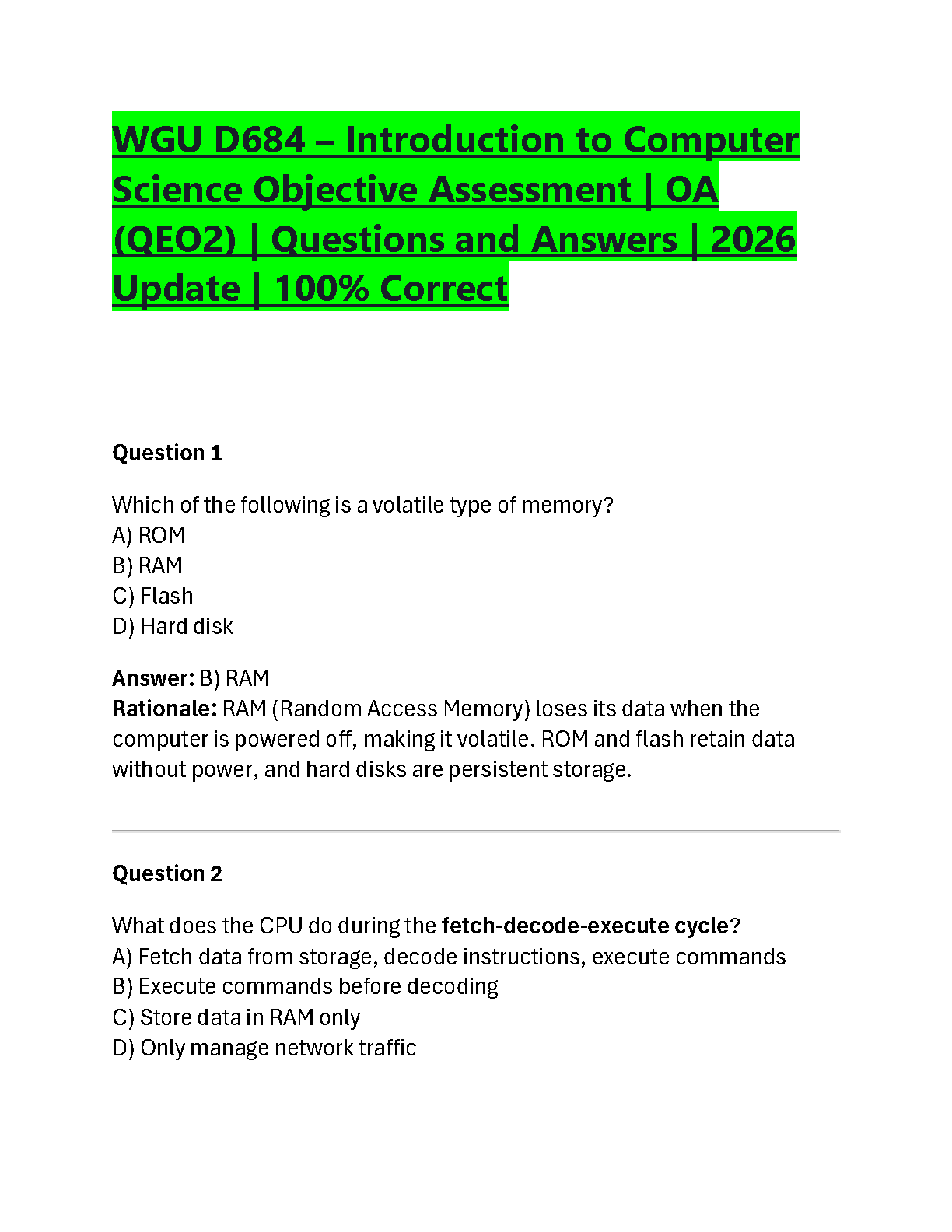 WGU D684 Introduction to Computer Science Objective Assessment QEO2 Test Bank: 2026 Verified Questions and Answers for Exam Success