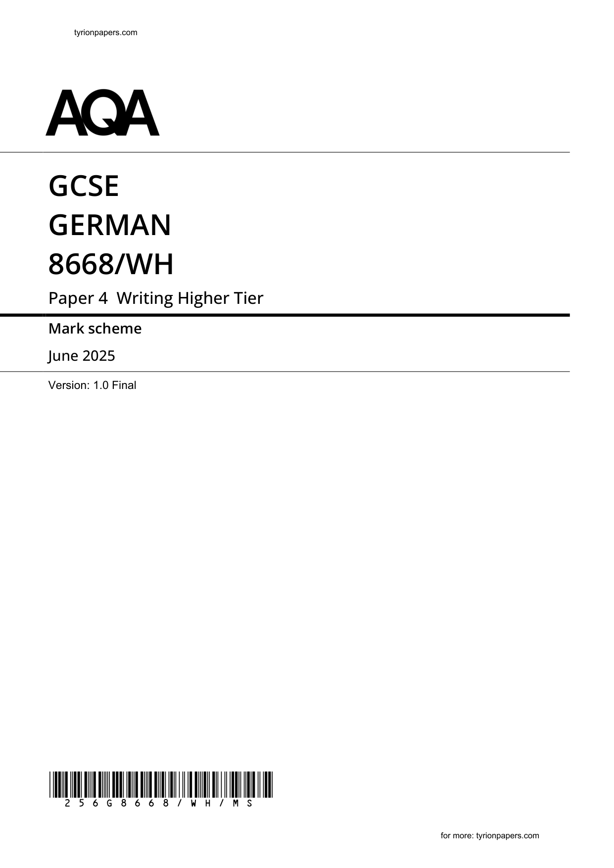 AQA GCSE German Paper 4H 2025 Writing Mark Scheme