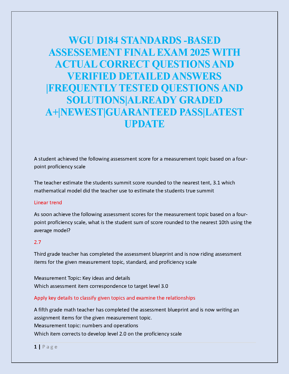 WGU D184 Standards-Based Assessment Final Exam 2025 Test Bank Verified Solutions for A+ Success and Grade Guarantee