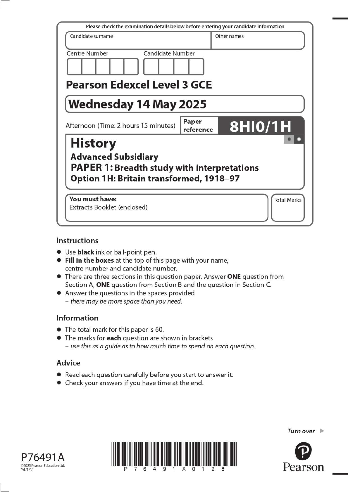 Edexcel A-Level History Paper 1 (8HI0/1H) Britain Transformed 1918-97 | 2025 Official Exam Paper | Ace Your 2025/2026 Exams on the First Try!