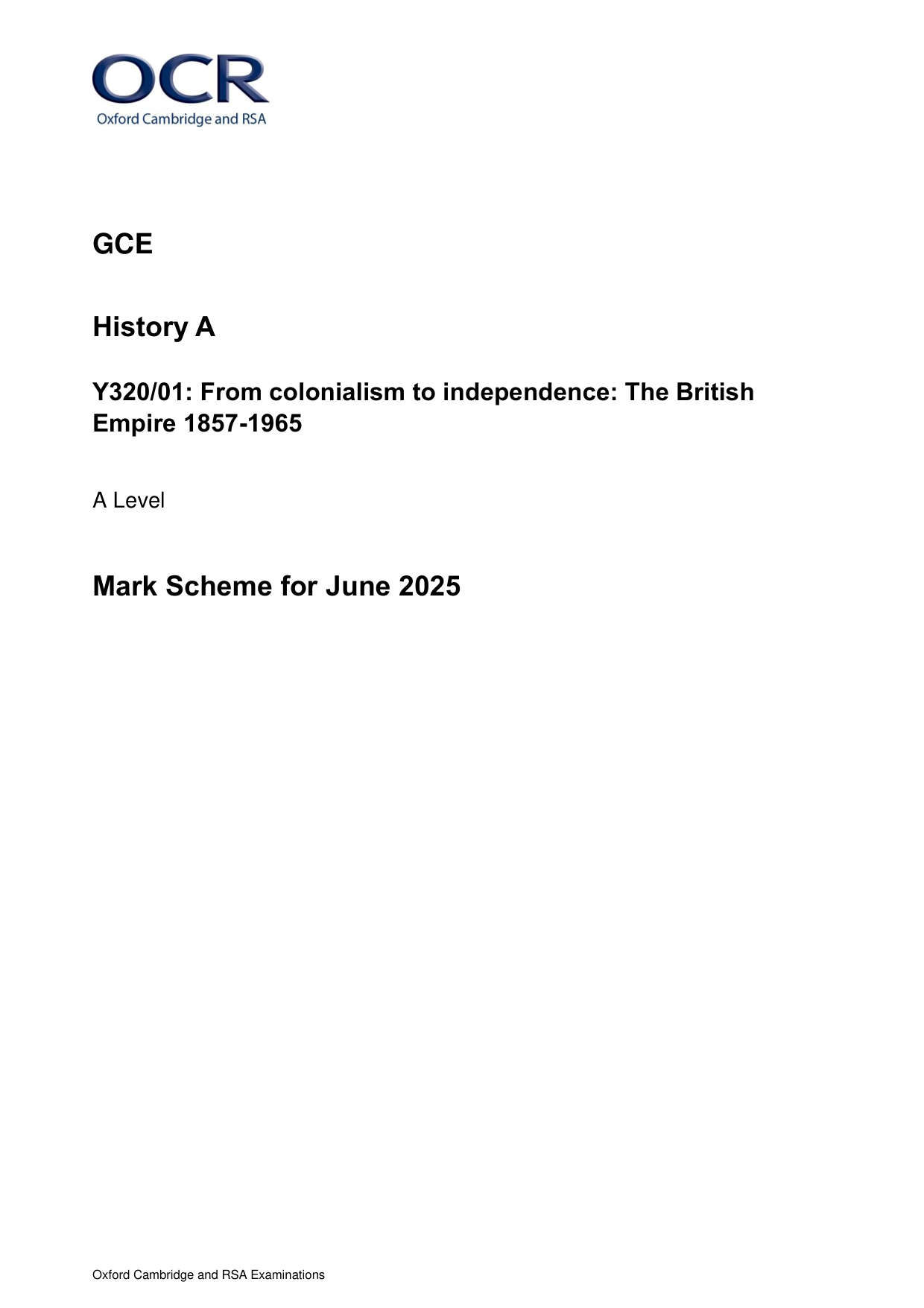 OCR A Level History A British Empire 2025 Mark Scheme