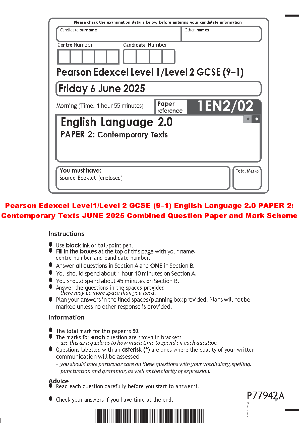 Pearson Edexcel GCSE English Language 2 Paper 2 Contemporary Texts June 2025 Combined Question Paper and Mark Scheme for Academic Year 2026/2027