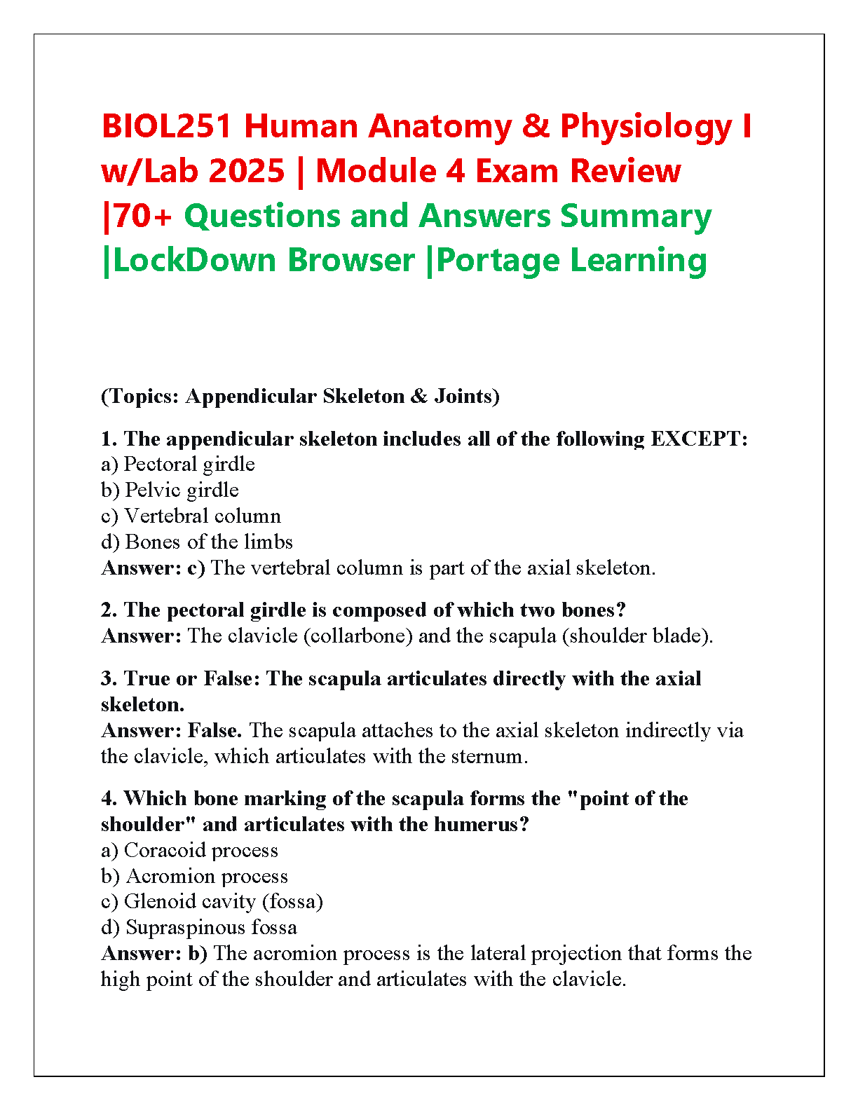 BIOL 251 Module 4 Exam Test Bank 2025/2026: Human Anatomy & Physiology ...