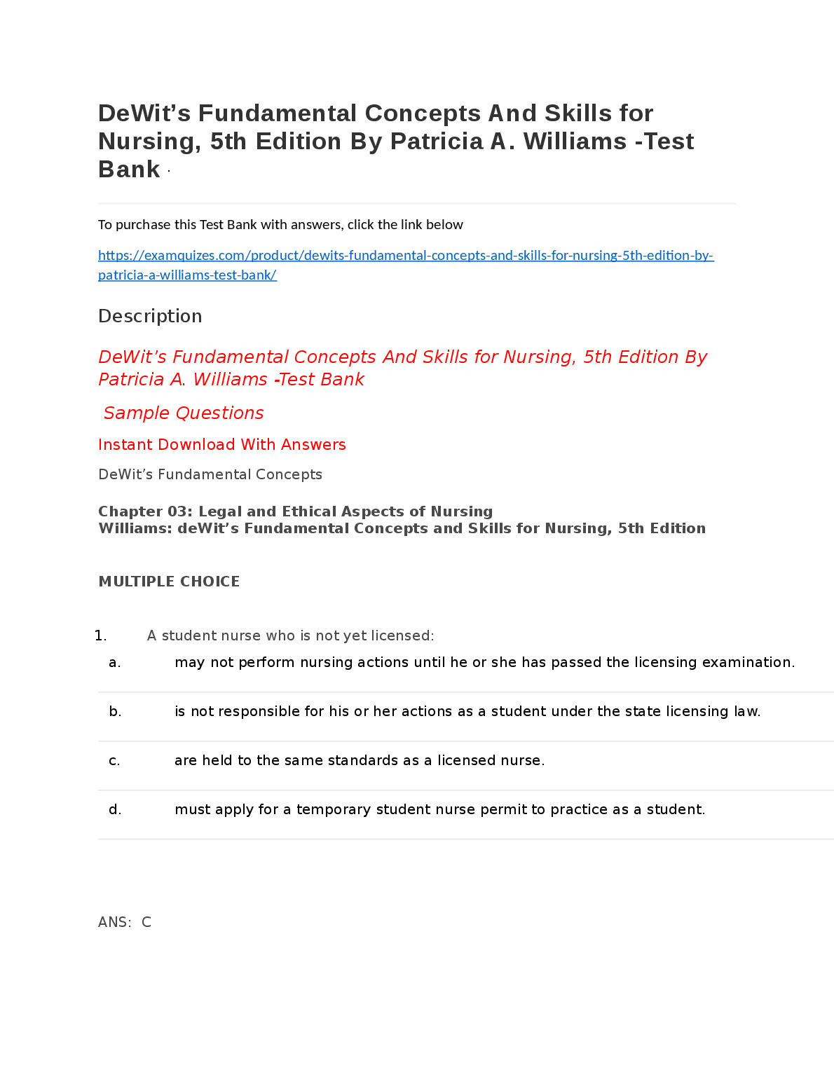 DeWits Fundamental Concepts and Skills for Nursing 5th Edition Test Bank by Williams
