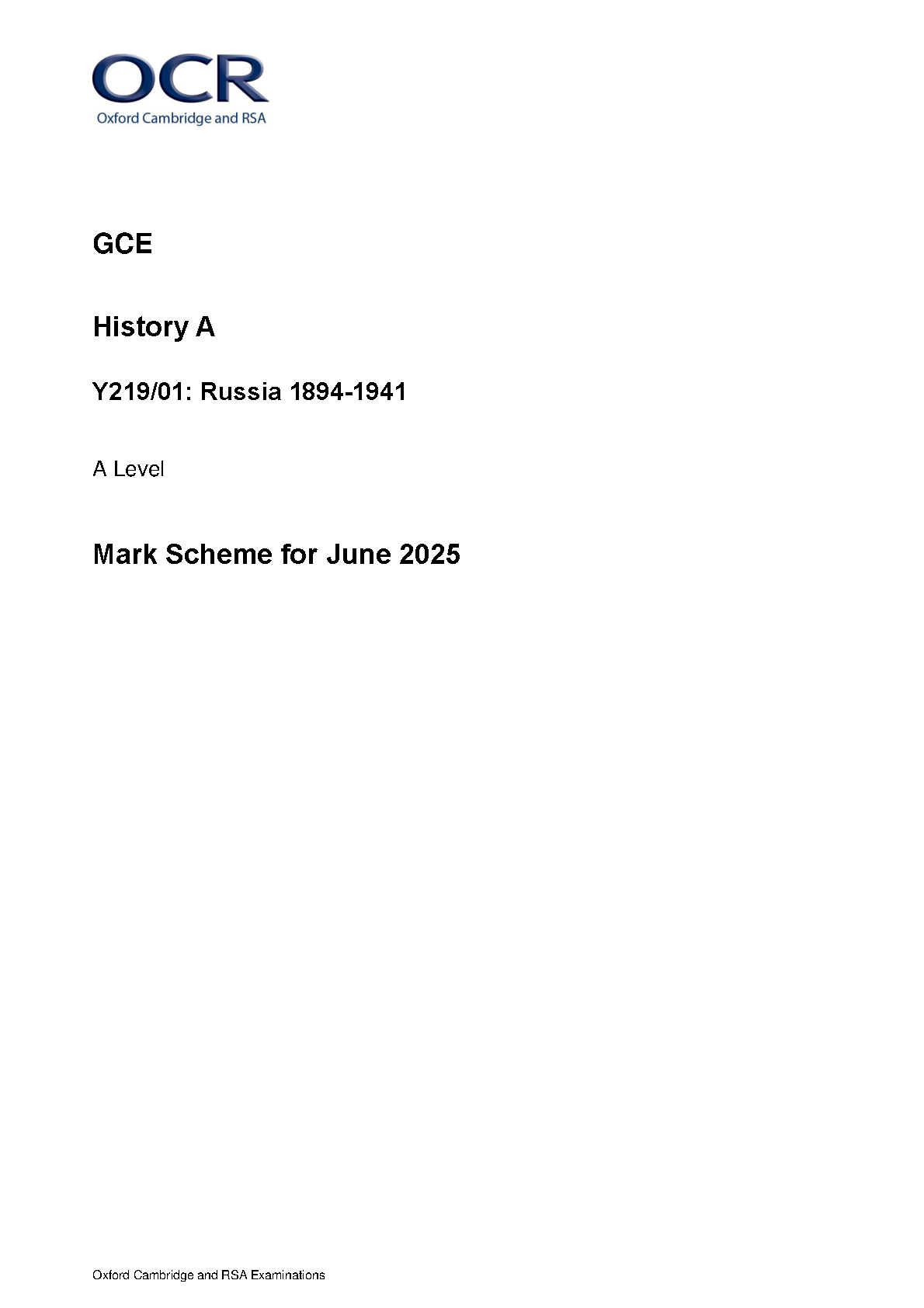 OCR A Level History A Russia 1894-1941 2025 Mark Scheme