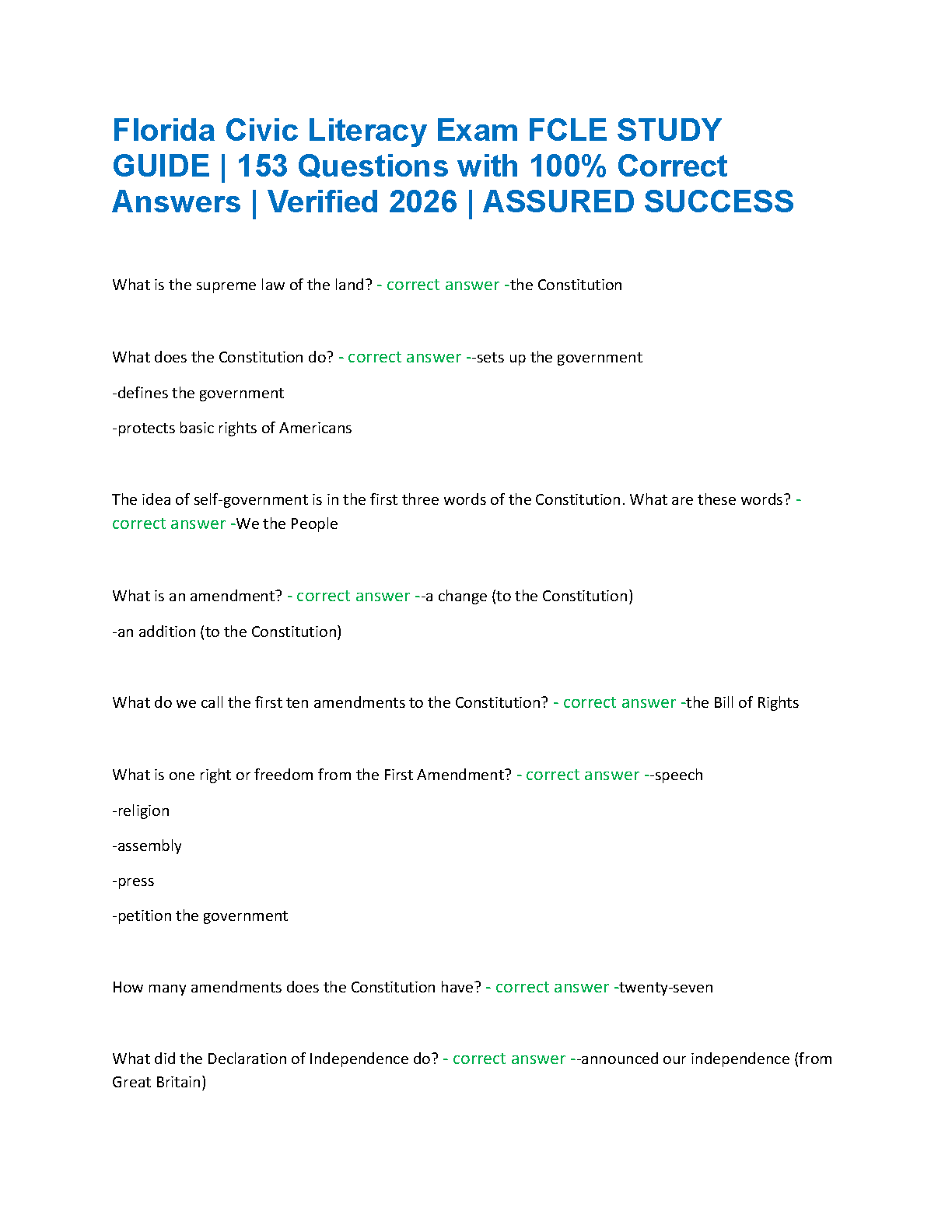 Florida Civic Literacy Exam FCLE Study Guide 2026 Verified Answers for Government and Constitution Success