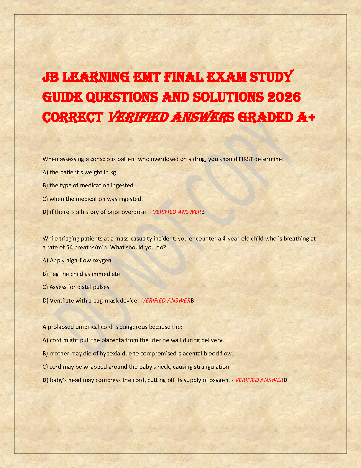 Emergency Care and Transportation of the Sick and Injured Test Bank: AAOS 13th Edition EMT Exam Prep Questions with Verified Answers by JB Learning