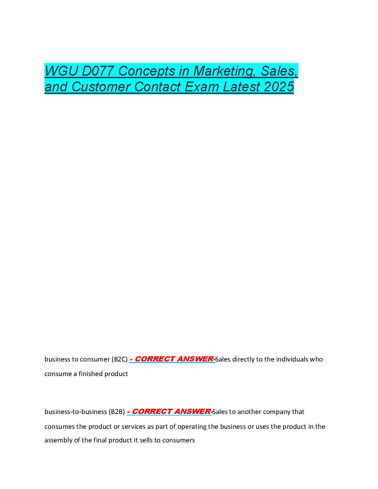 WGU D077 Concepts in Marketing, Sales, and Customer Contact Exam Study Guide for 2024/2025 Success
