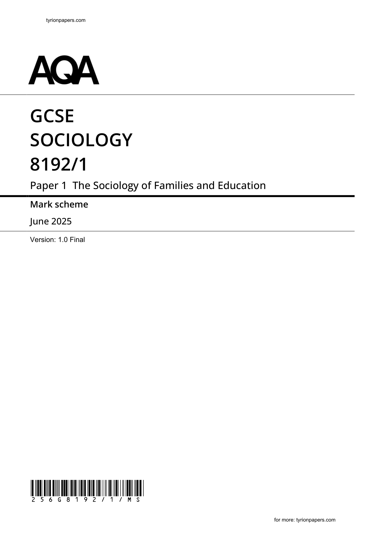 AQA GCSE Sociology Paper 1 2025 Mark Scheme