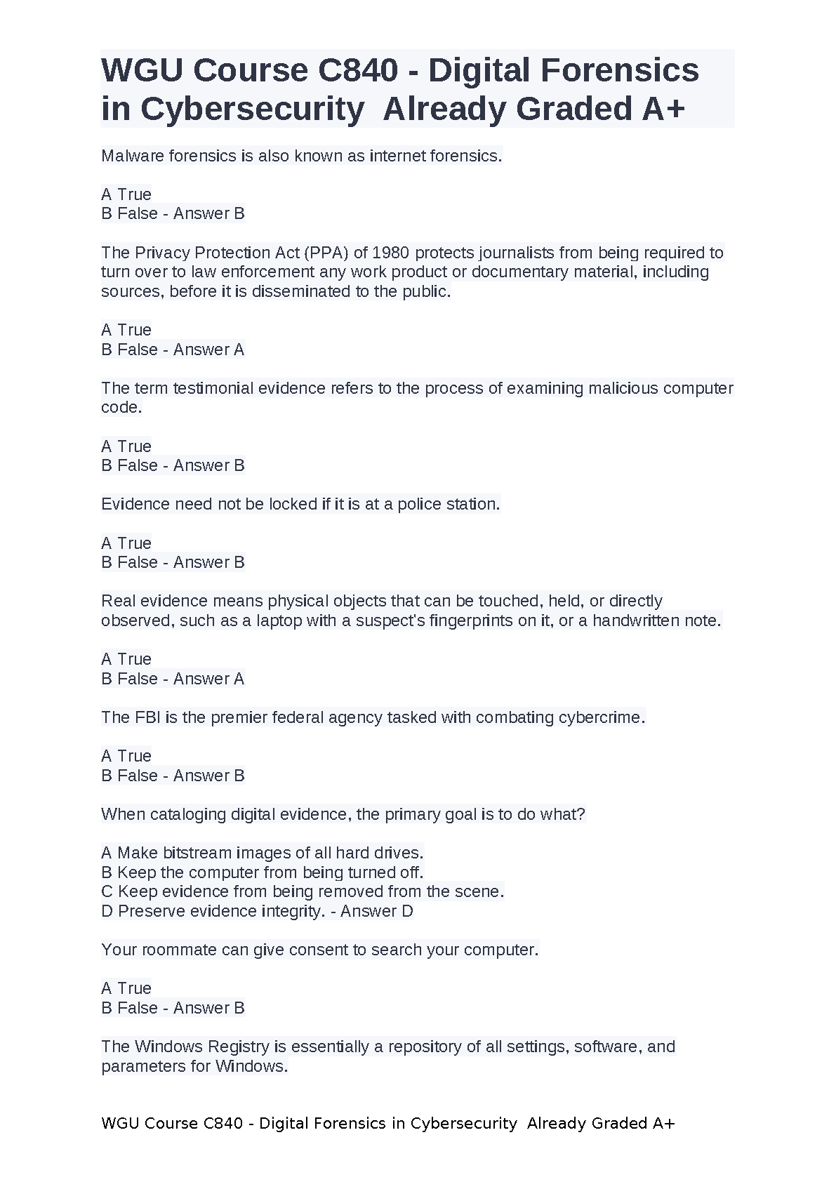 WGU C840 Digital Forensics in Cybersecurity Exam Questions and Answers Complete A+ Graded Test Bank Study Guide
