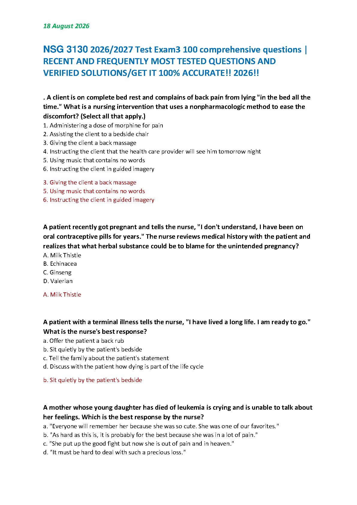 Psychiatric Mental Health Nursing Final Exam Questions and Answers for NCLEX Preparation Updated for the 2026/2027 Academic Year