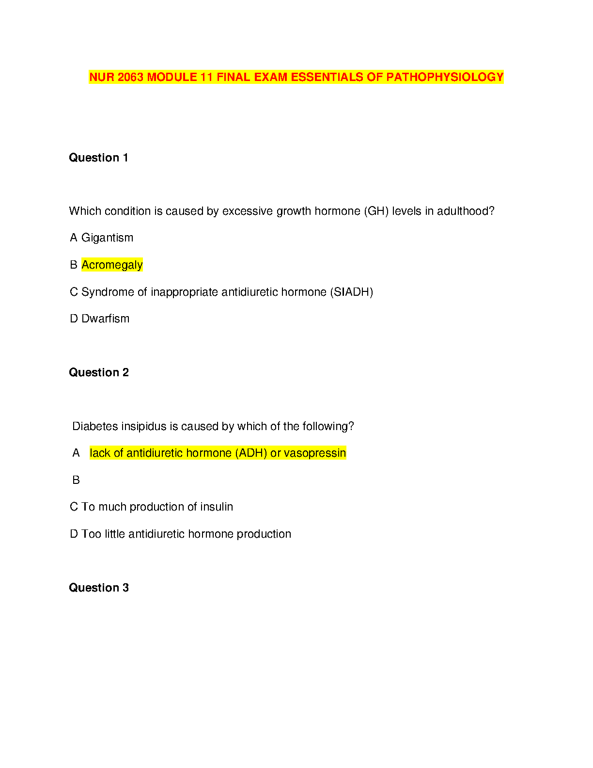 NUR 2063 Module 11 Final Exam Test Bank | Porth's Essentials of Pathophysiology, 5th Edition Verified Answers