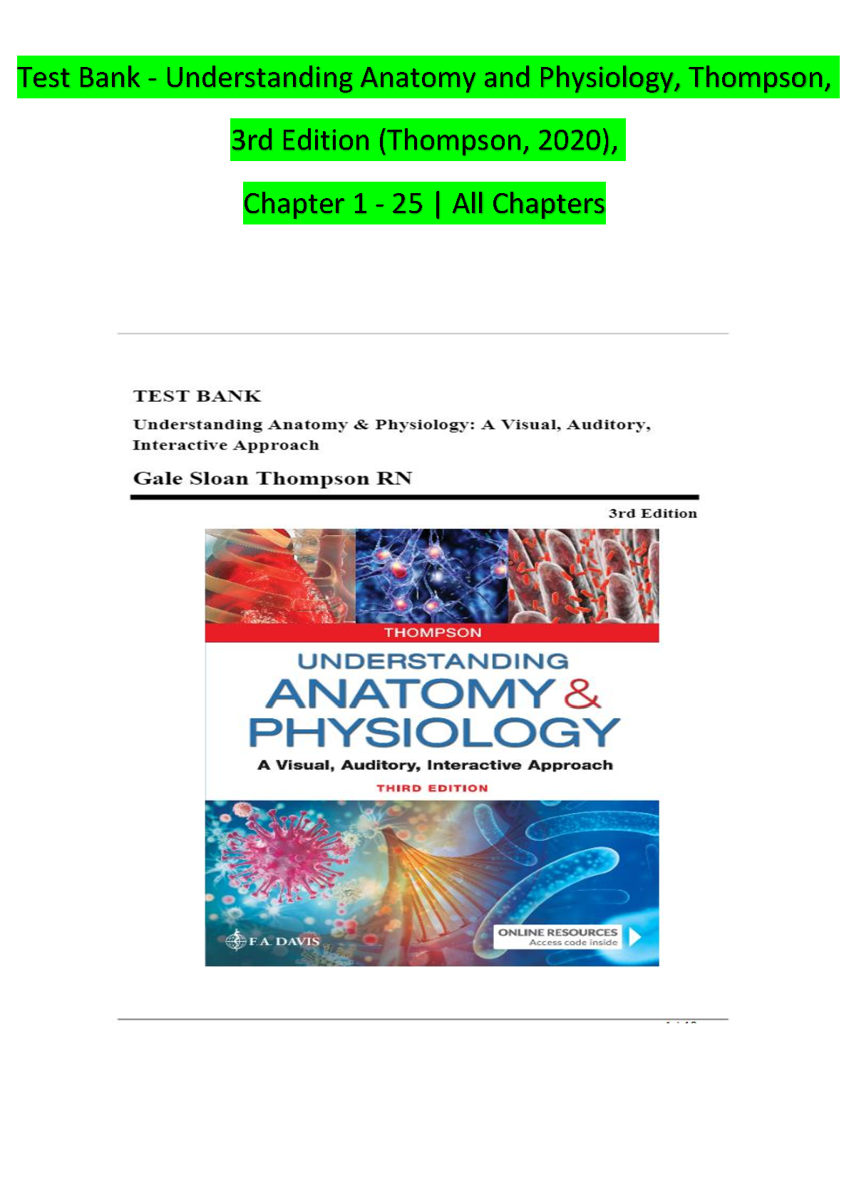 Test Bank For Understanding Anatomy and Physiology: A Visual, Auditory, Interactive Approach, 3rd Edition by Gale Sloan Thompson