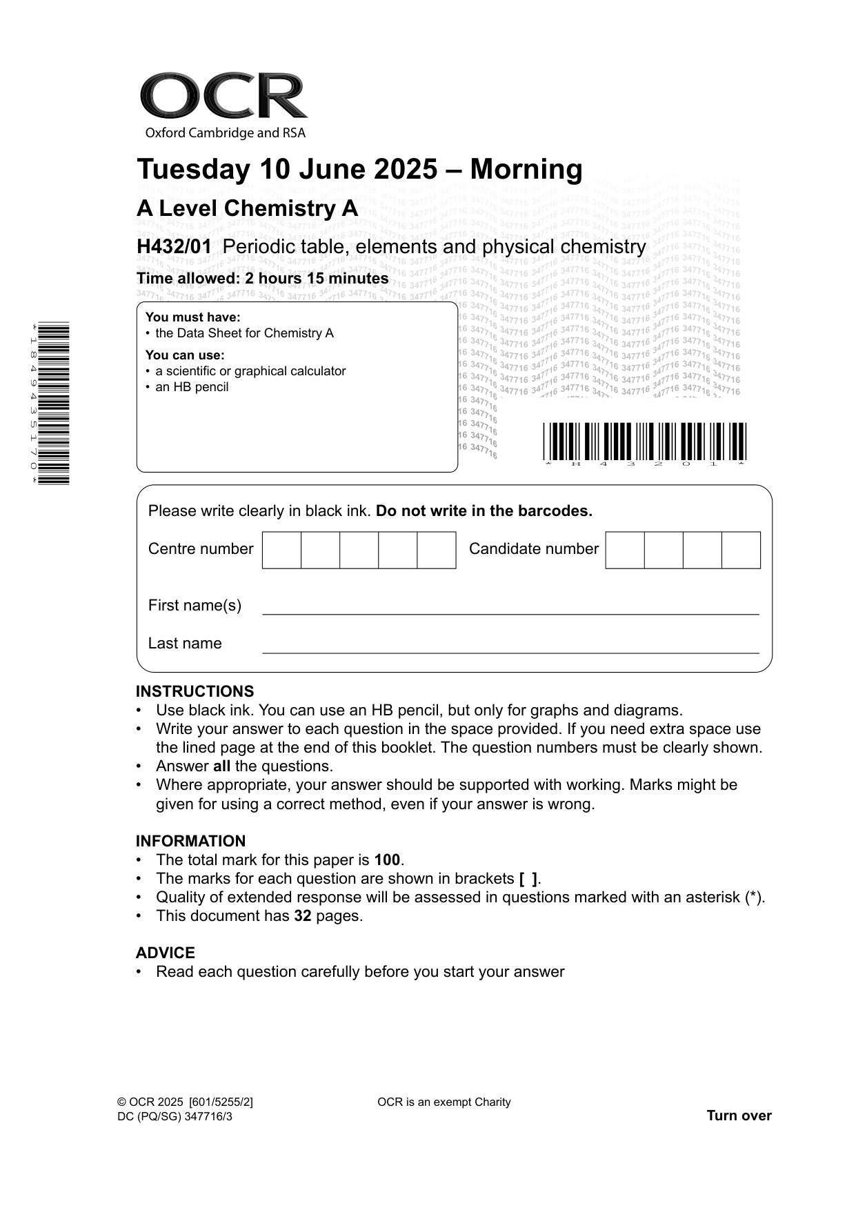 OCR A Level Chemistry A Paper 1 2025 Question Paper