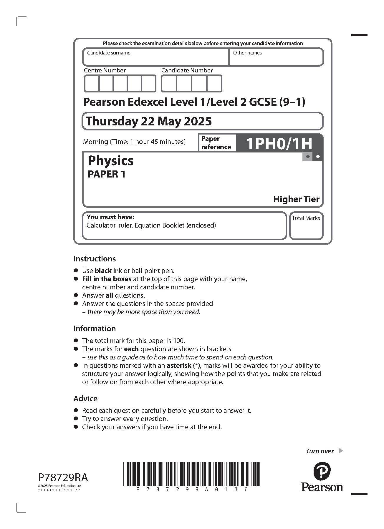 2025 Pearson Edexcel GCSE Physics Paper 1H (1PH0/1H)