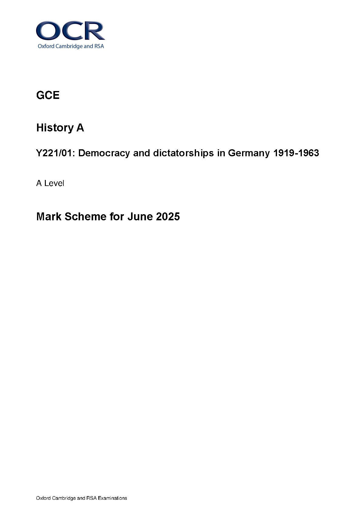OCR A Level History A Democracy and Dictatorships 2025 Ms
