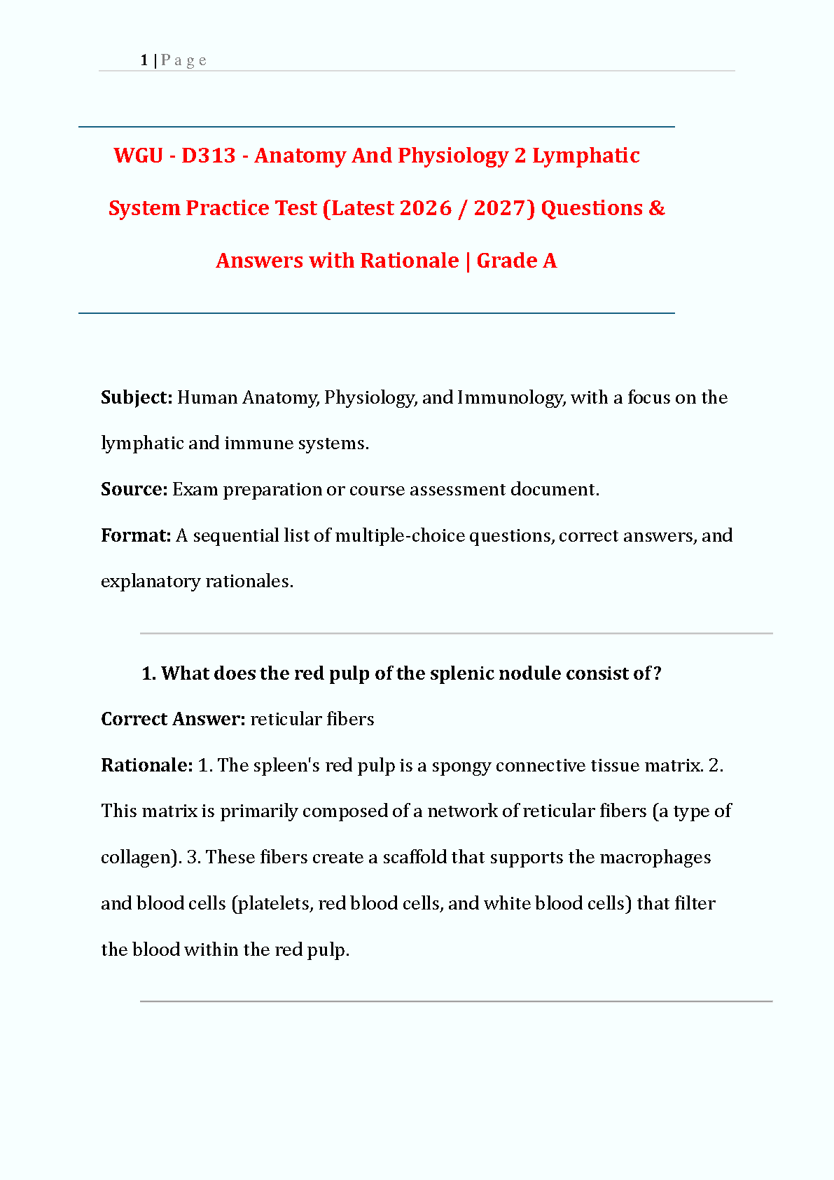 WGU D313 Anatomy and Physiology 2 Lymphatic System Test Bank 2025/26 with Rationales