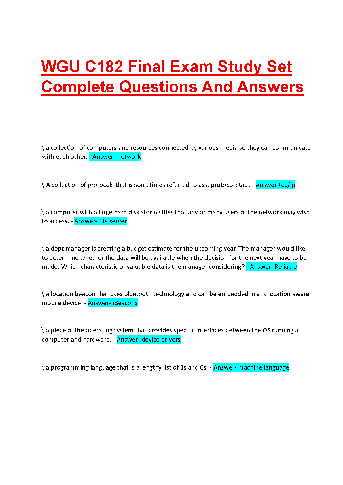 WGU C182 Introduction to IT Final Exam Test Bank for 2025/26 with Verified Answers and Networking Topics