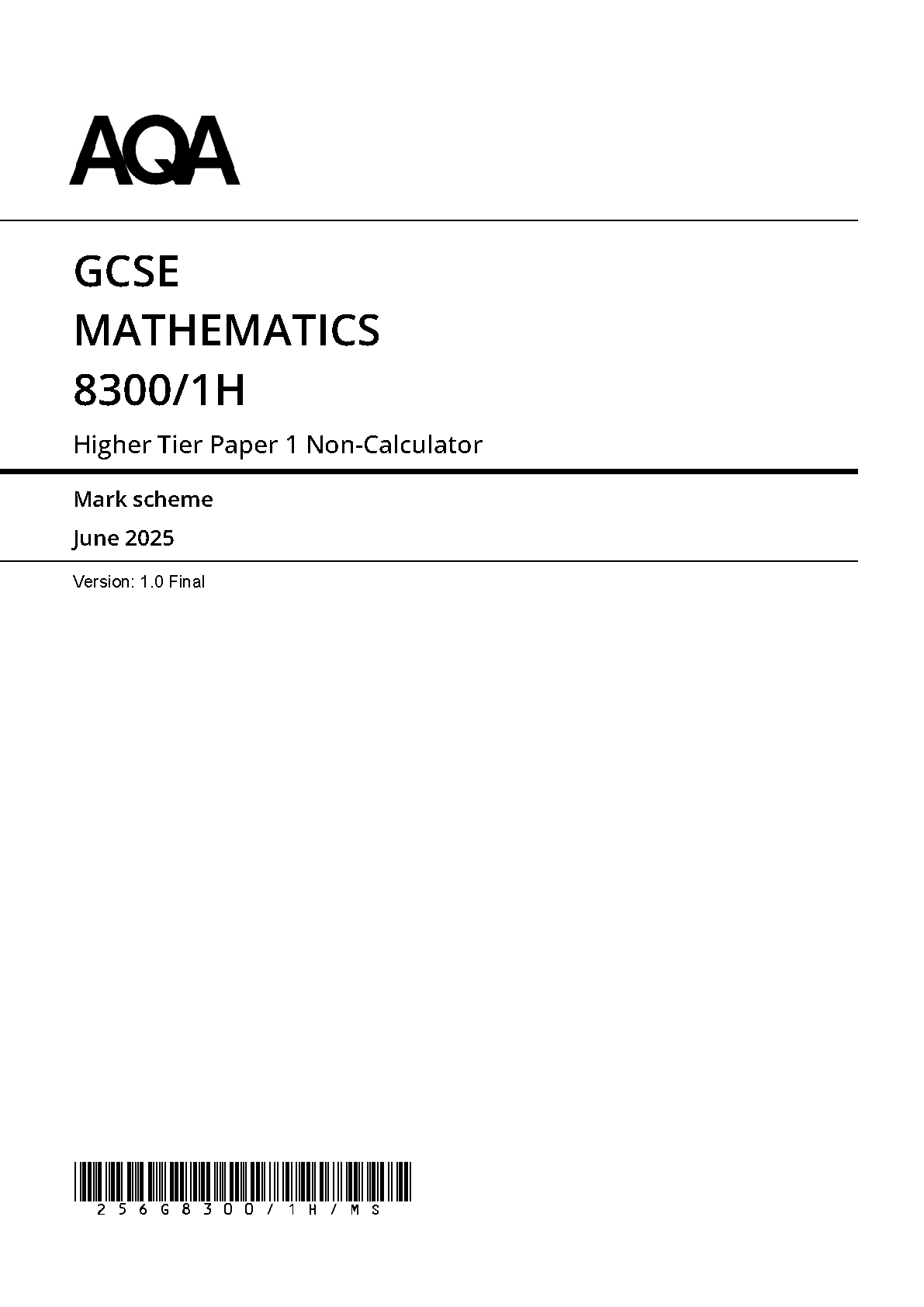 AQA GCSE Maths Paper 1H 2025 Mark Scheme PDF