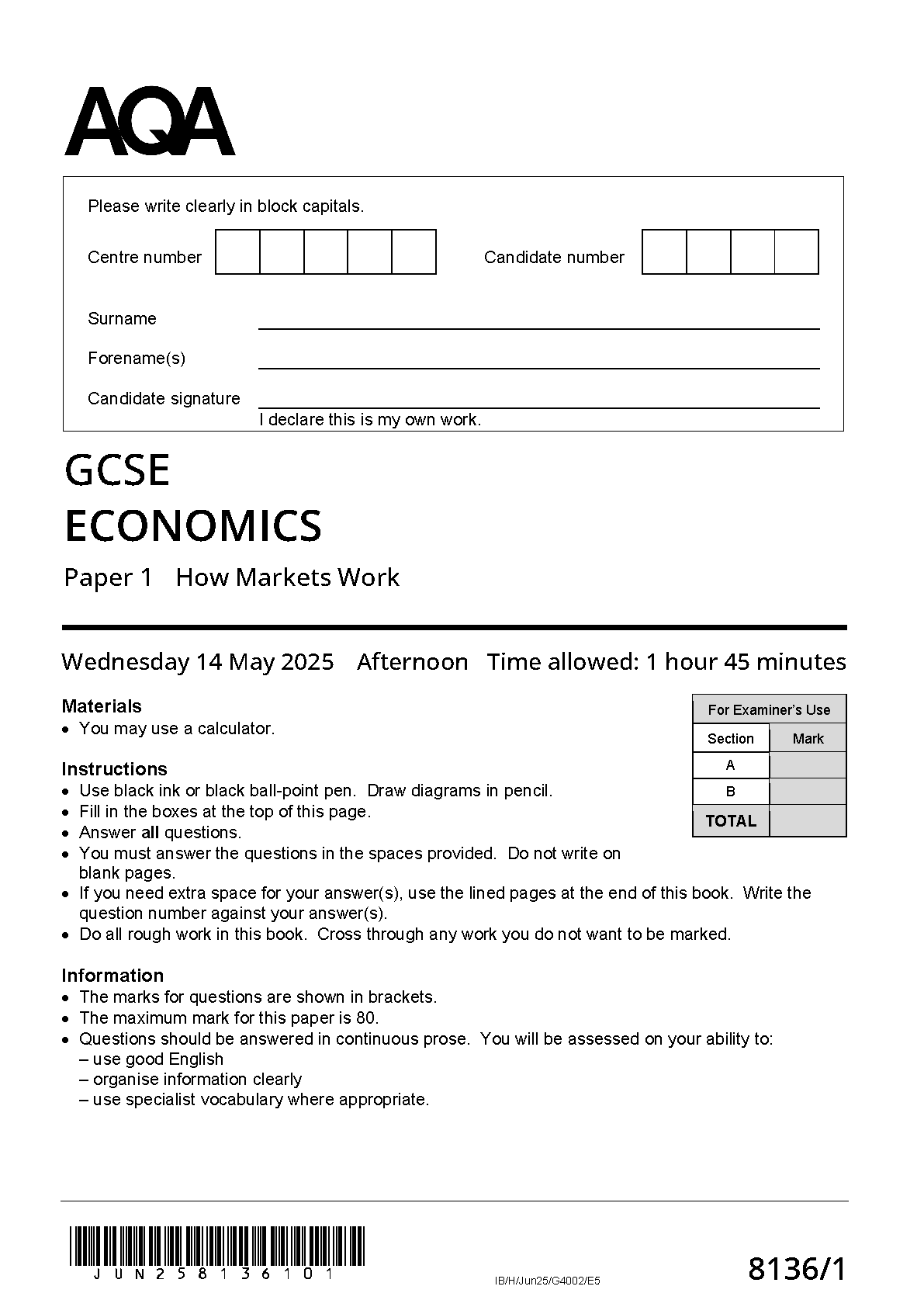 COMBINED 2025 AQA GCSE ECONOMICS Paper 1 and Mark Scheme (8136/1: How Markets Work)