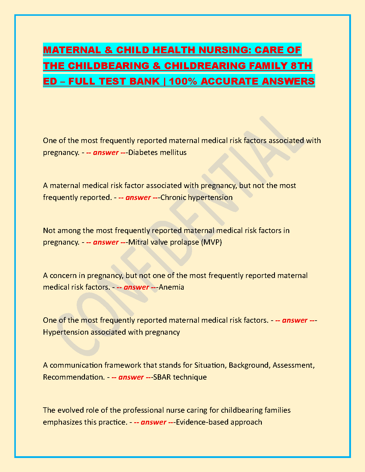 Test Bank for Maternal & Child Health Nursing Care of the Childbearing Family 8th Edition Pillitteri Silbert-Flagg