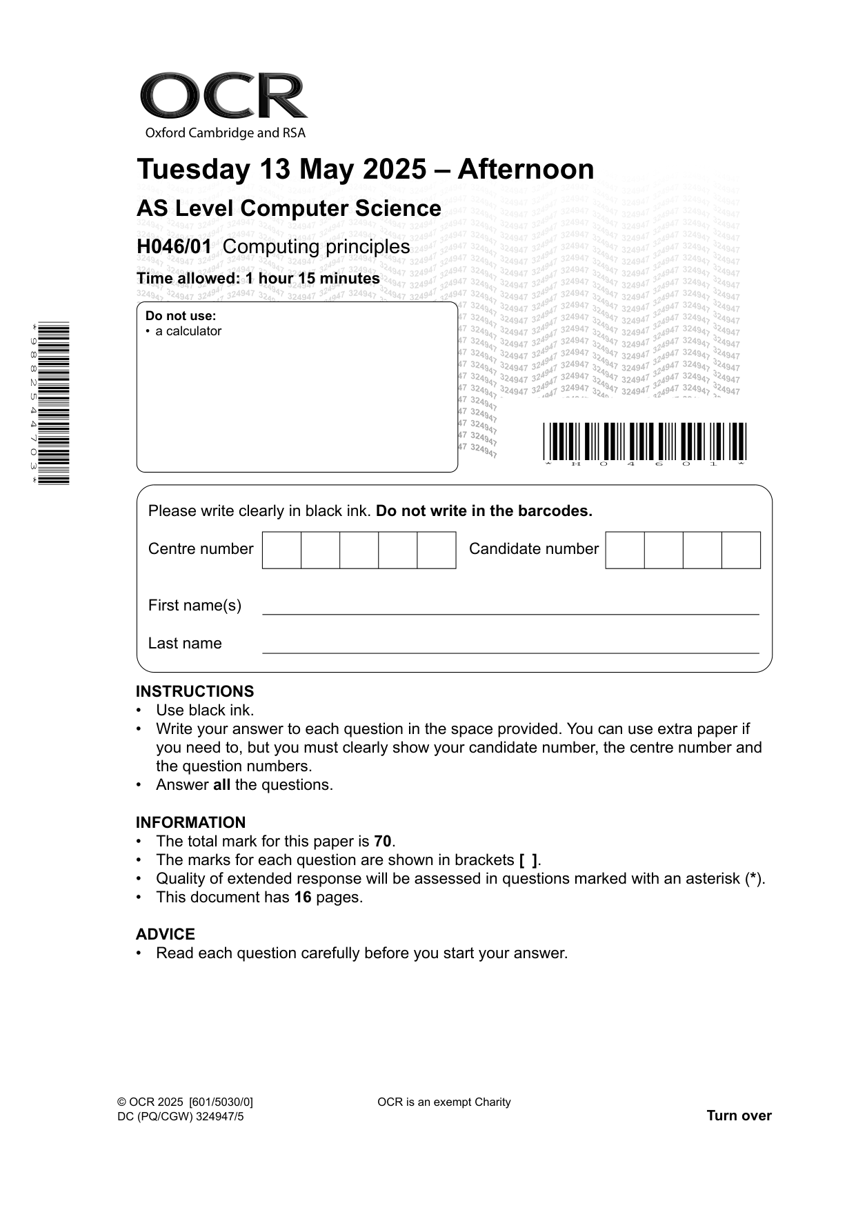 OCR AS Level Computer Science Paper 1 Question Paper
