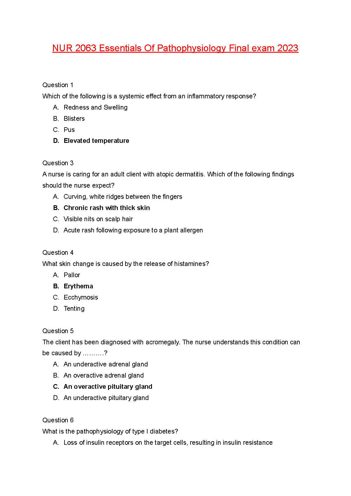 NUR 2063 Essentials of Pathophysiology 5th Edition Test Bank by Porth Matfin Grossman Final Exam Questions Answers 2025/2026