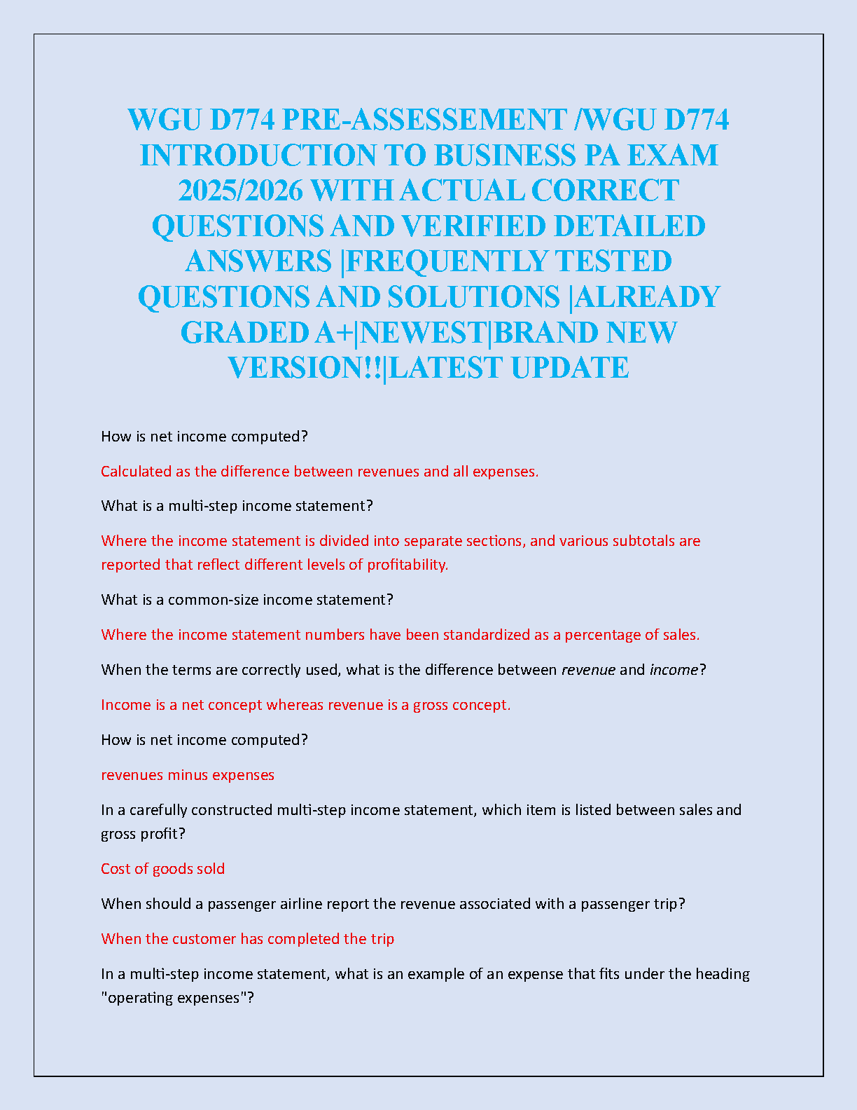 WGU D774 Introduction to Business Pre-Assessment Exam Prep Guide with Actual Questions and Verified Answers for 2025/2026