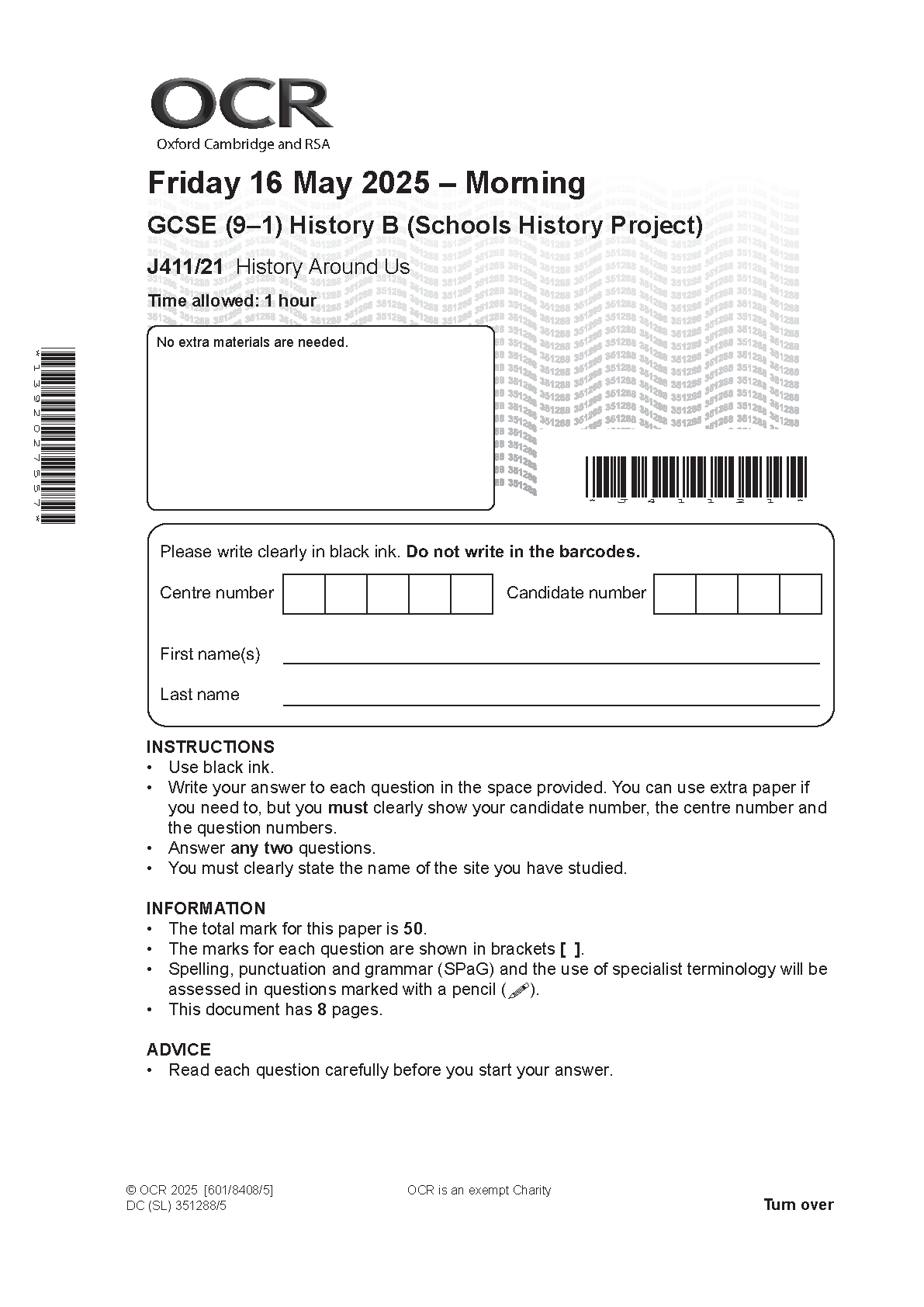 2025 OCR GCSE History B Schools History Project Paper 21 (J411/21: History around us)