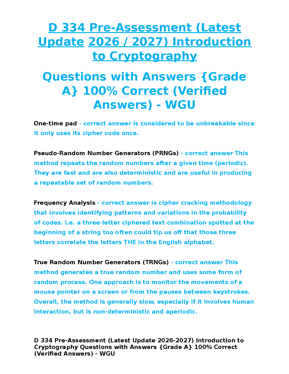 D334 Introduction to Cryptography Pre-Assessment Test Bank Verified Q&A for WGU Students Aiming for Grade A Success in the 2026-2027 Academic Year.