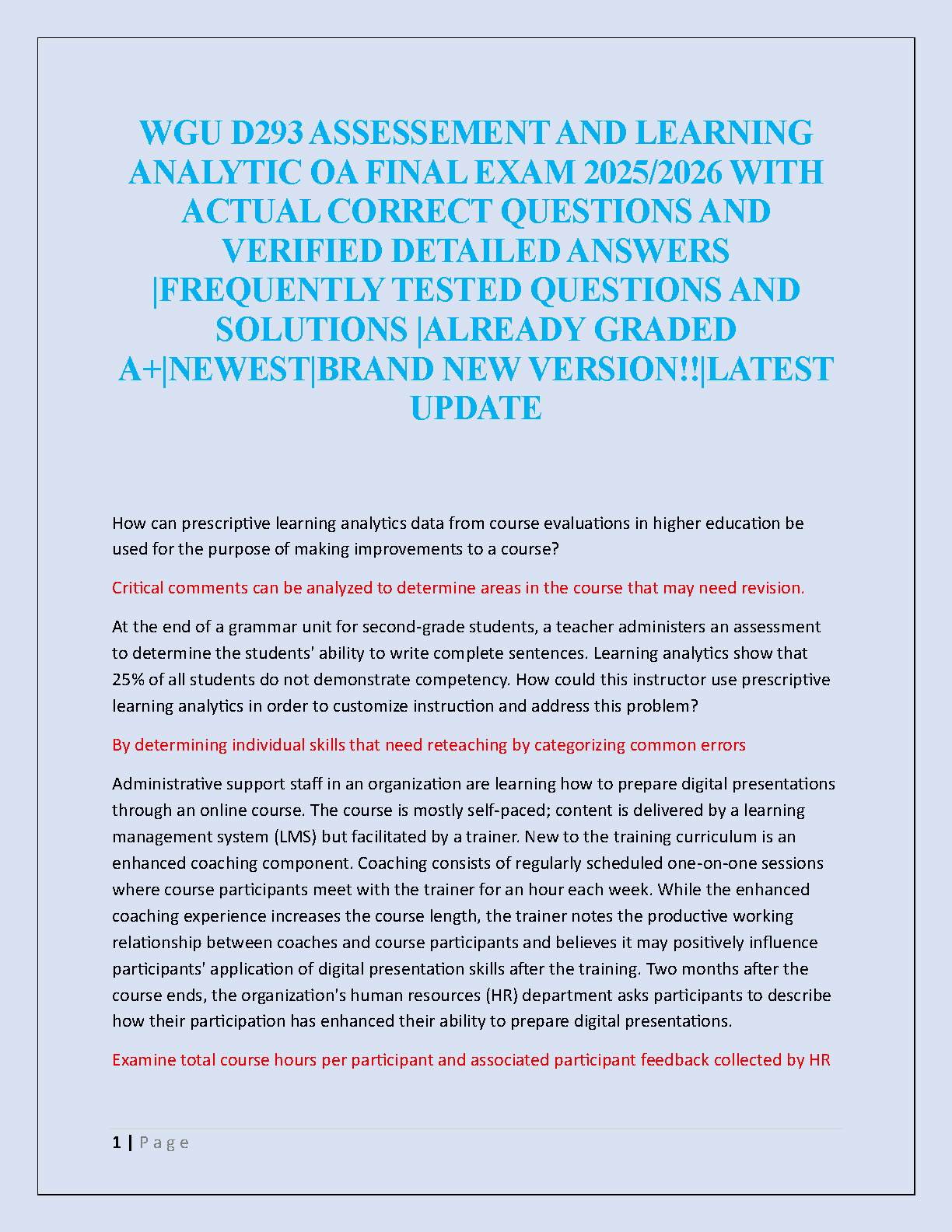 WGU D293 Assessment and Learning Analytics OA Final Exam Verified Solutions Guide 2025/2026