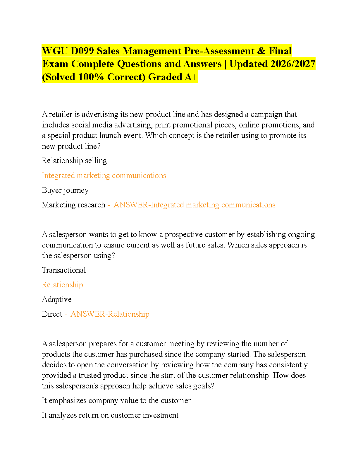 WGU D099 Sales Management Test Bank: Complete Pre-Assessment & Final Exam Questions with Answers 2025-2026 A+ Study Guide