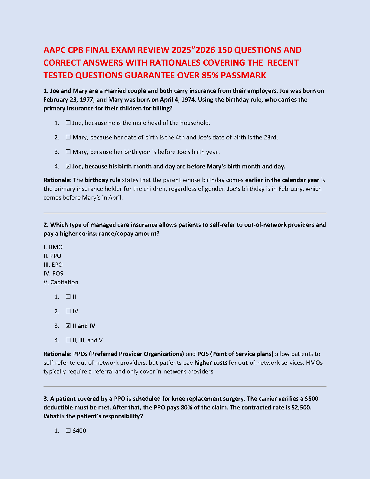 AAPC CPB Final Exam Test Bank 2025/2026: 150 Questions & Answers with ...