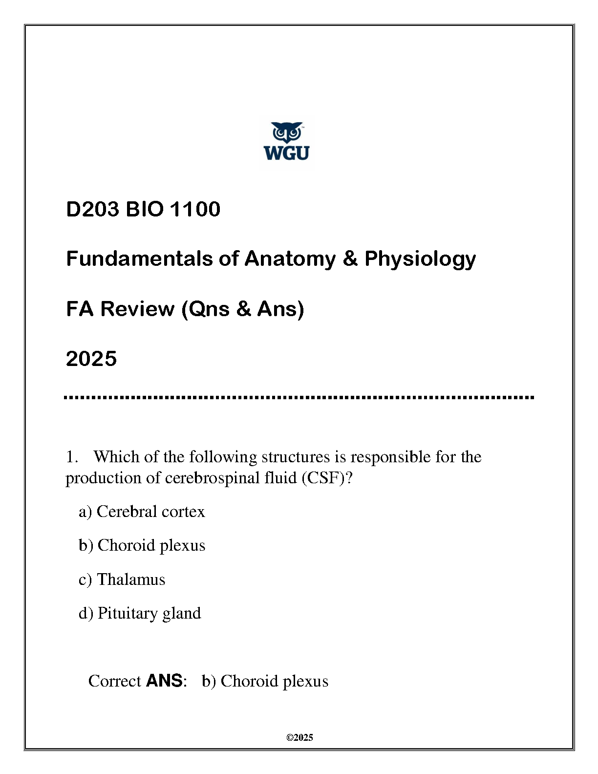 WGU BIO 1100 Fundamentals of Anatomy and Physiology 2025 FA Review Questions and Answers Study Guide