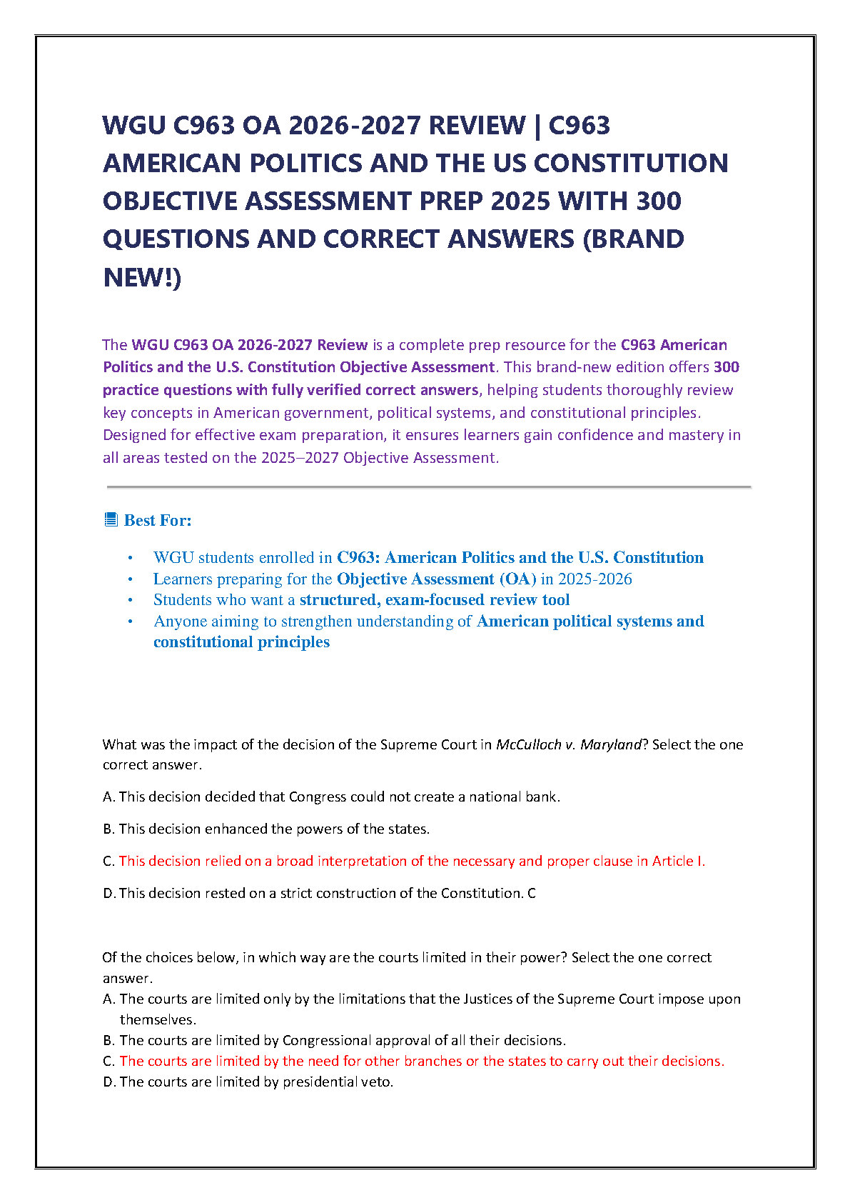 WGU C963 American Politics and US Constitution Test Bank (2025/2026 Latest Edition) | OA Prep with 300 Q&A to Pass on First Attempt